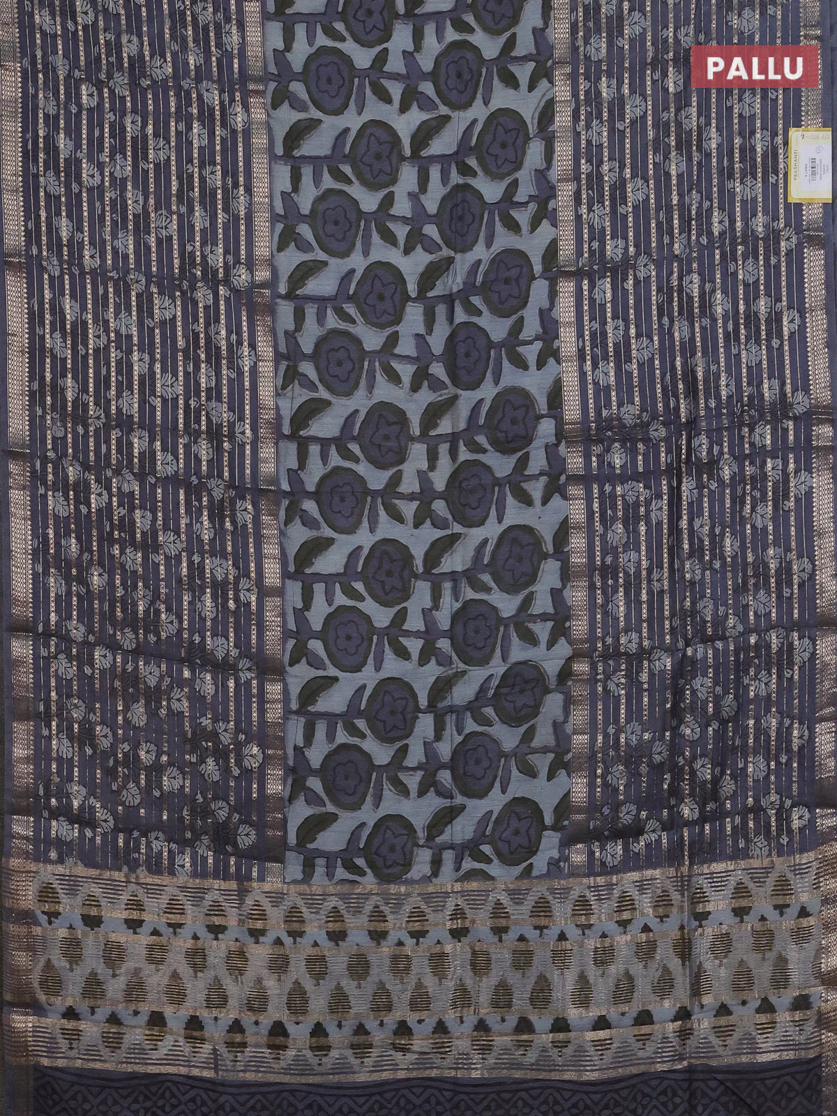 Semi chanderi saree grey shade and grey with allover ajrakh prints and long printed zari border - Image 3