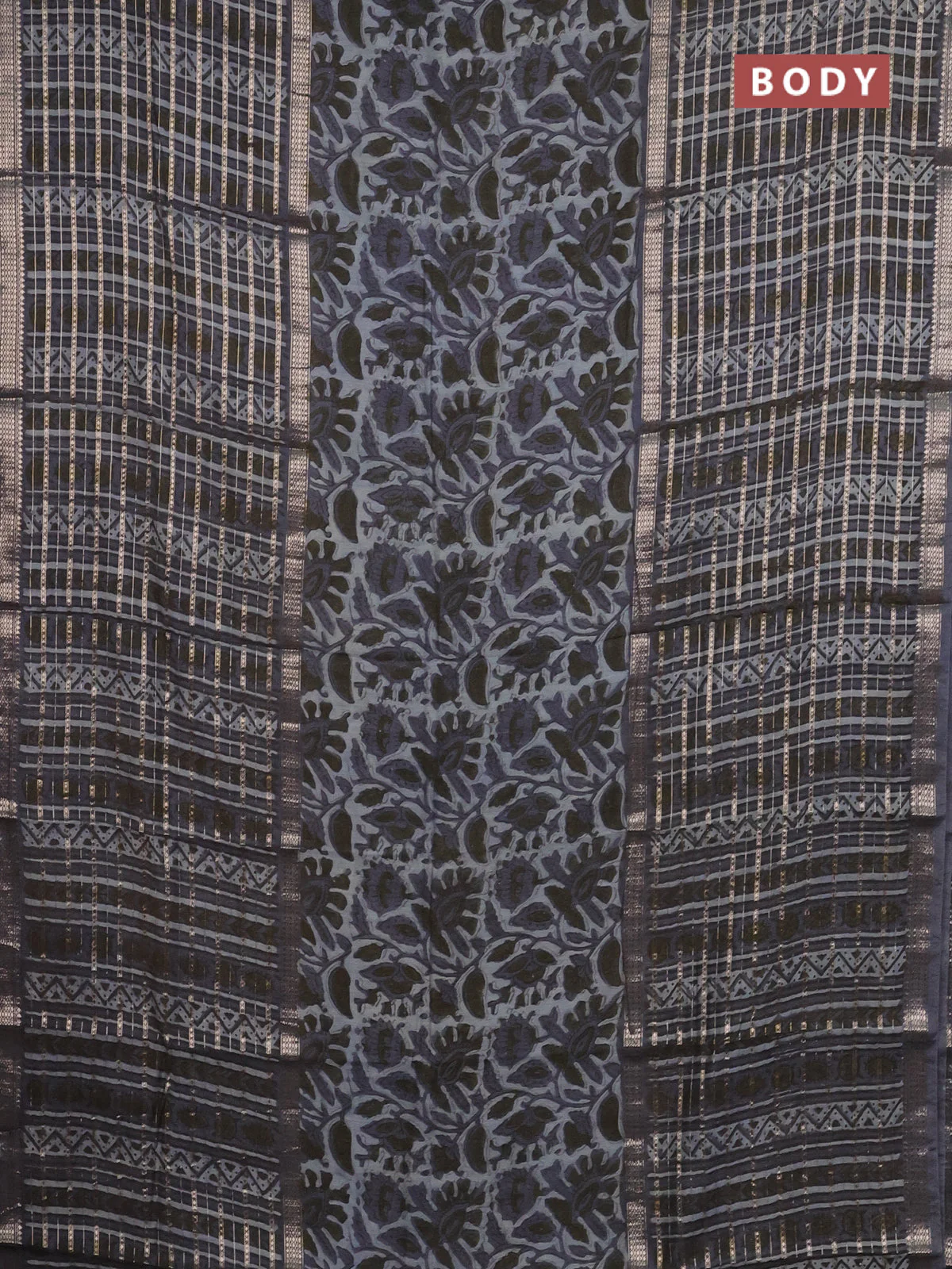 Semi chanderi saree grey shade and grey with kalamkari prints and long printed zari woven border - Image 2
