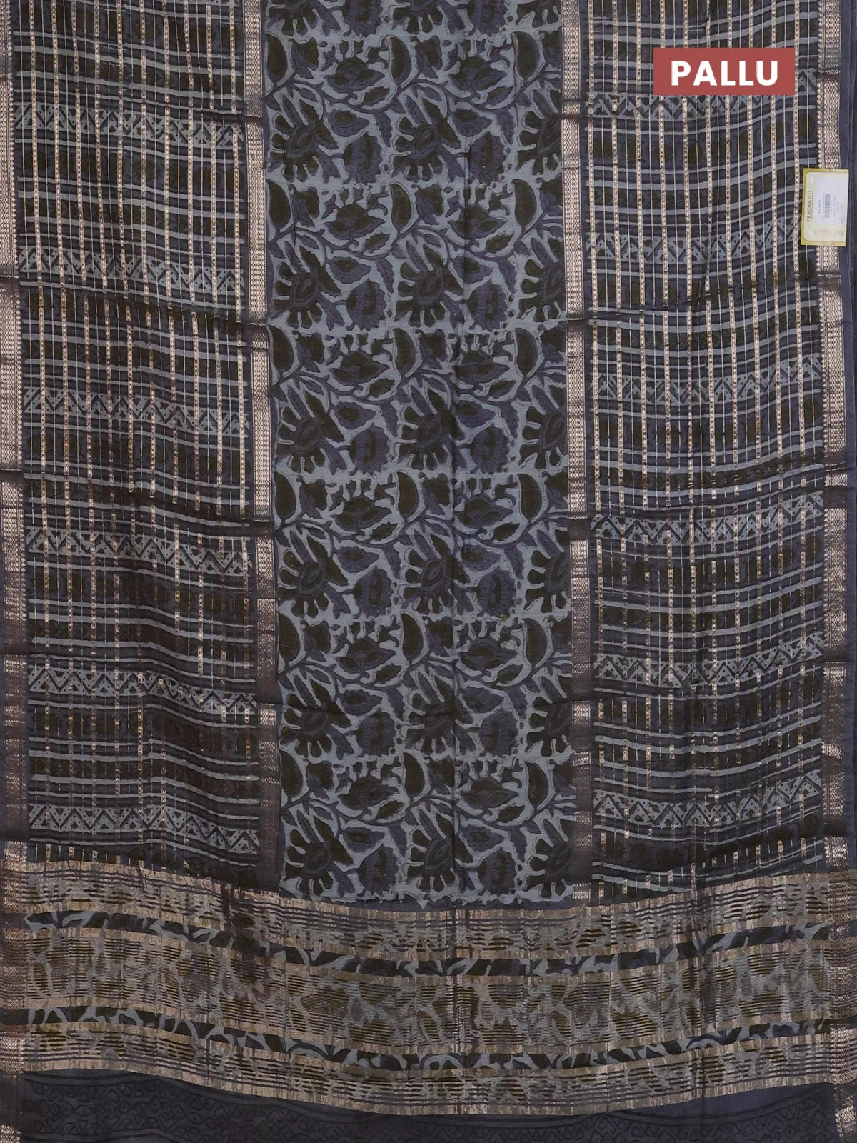 Semi chanderi saree grey shade and grey with kalamkari prints and long printed zari woven border - Image 3