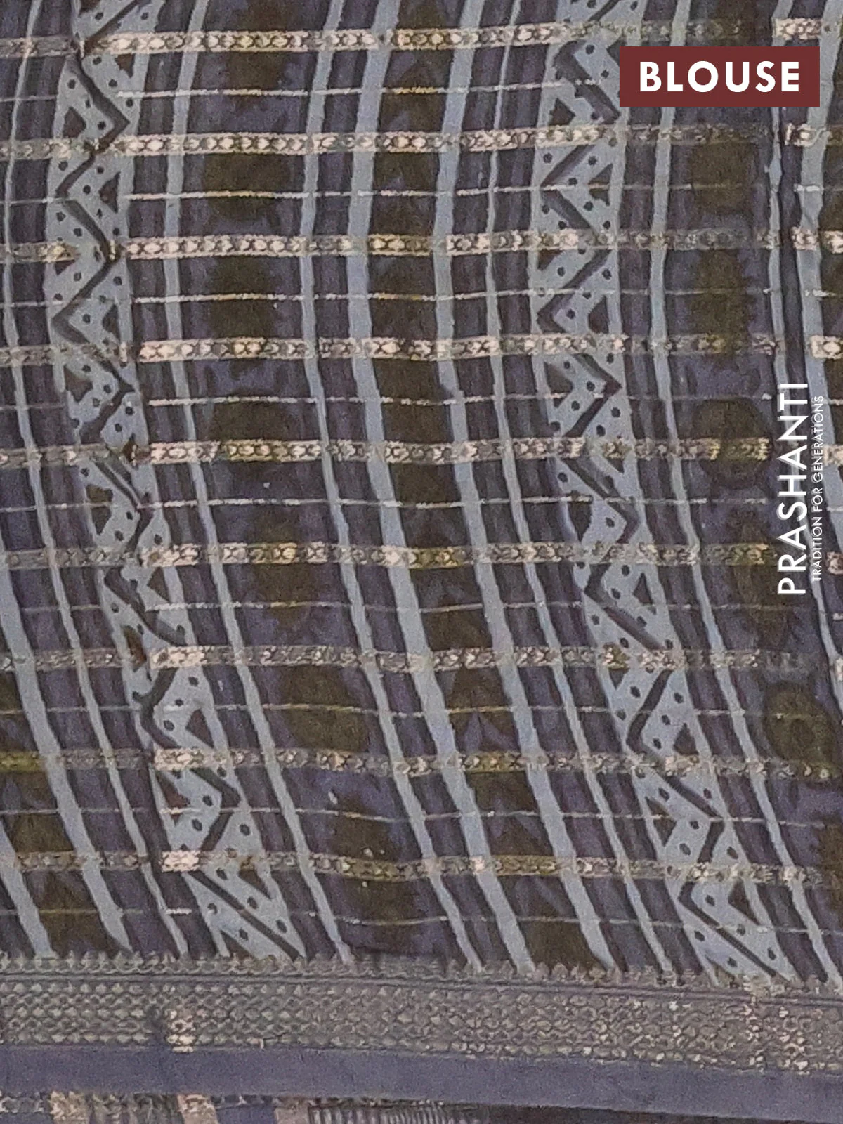 Semi chanderi saree grey shade and grey with kalamkari prints and long printed zari woven border - Image 4