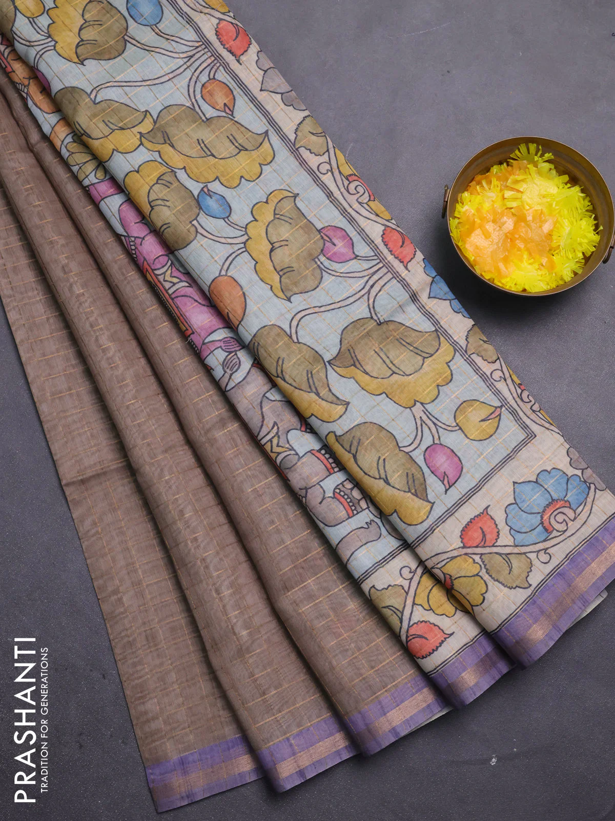 Semi chanderi saree grey shade and lavender with allover zari woven checked pattern and kalamkari printed pallu