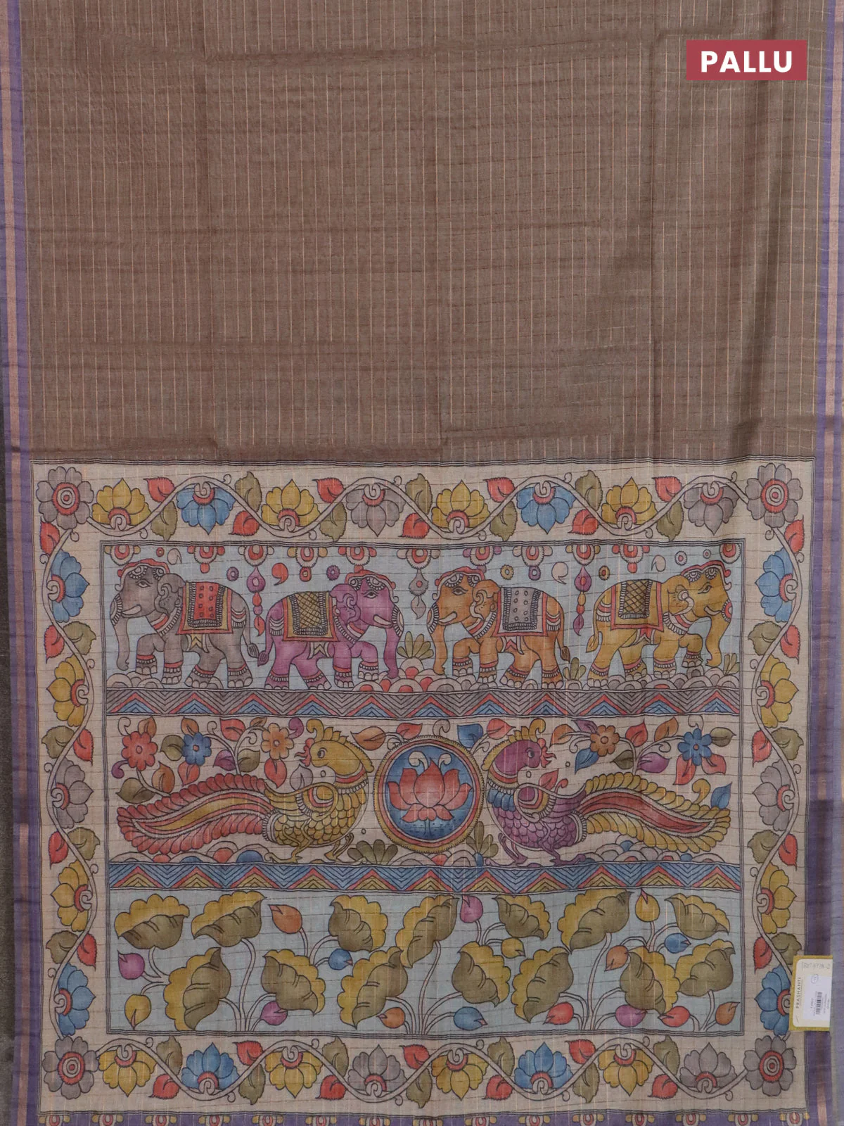 Semi chanderi saree grey shade and lavender with allover zari woven checked pattern and kalamkari printed pallu - Image 3