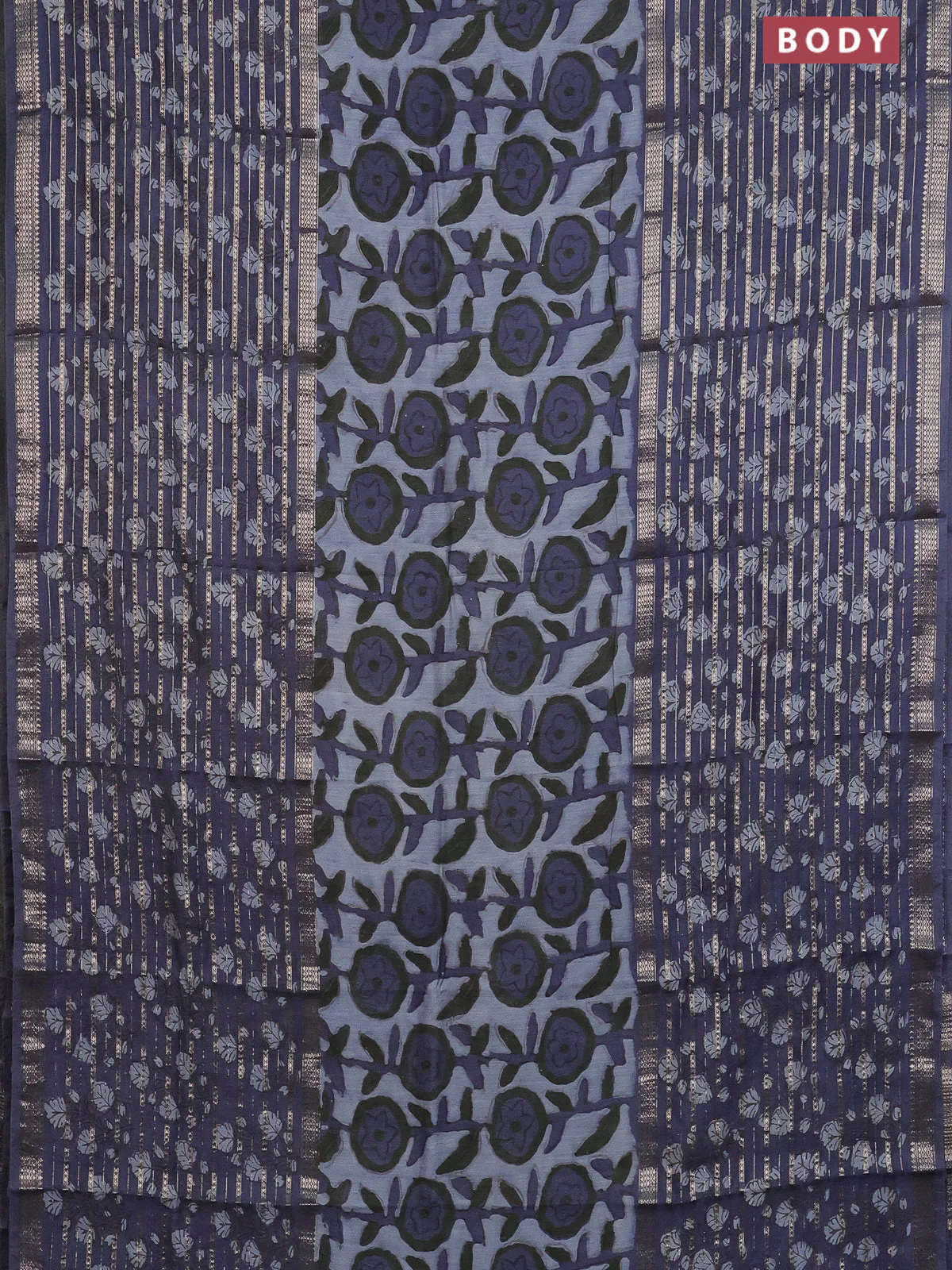 Semi chanderi saree grey with allover ajrakh prints and long printed zari border - Image 2