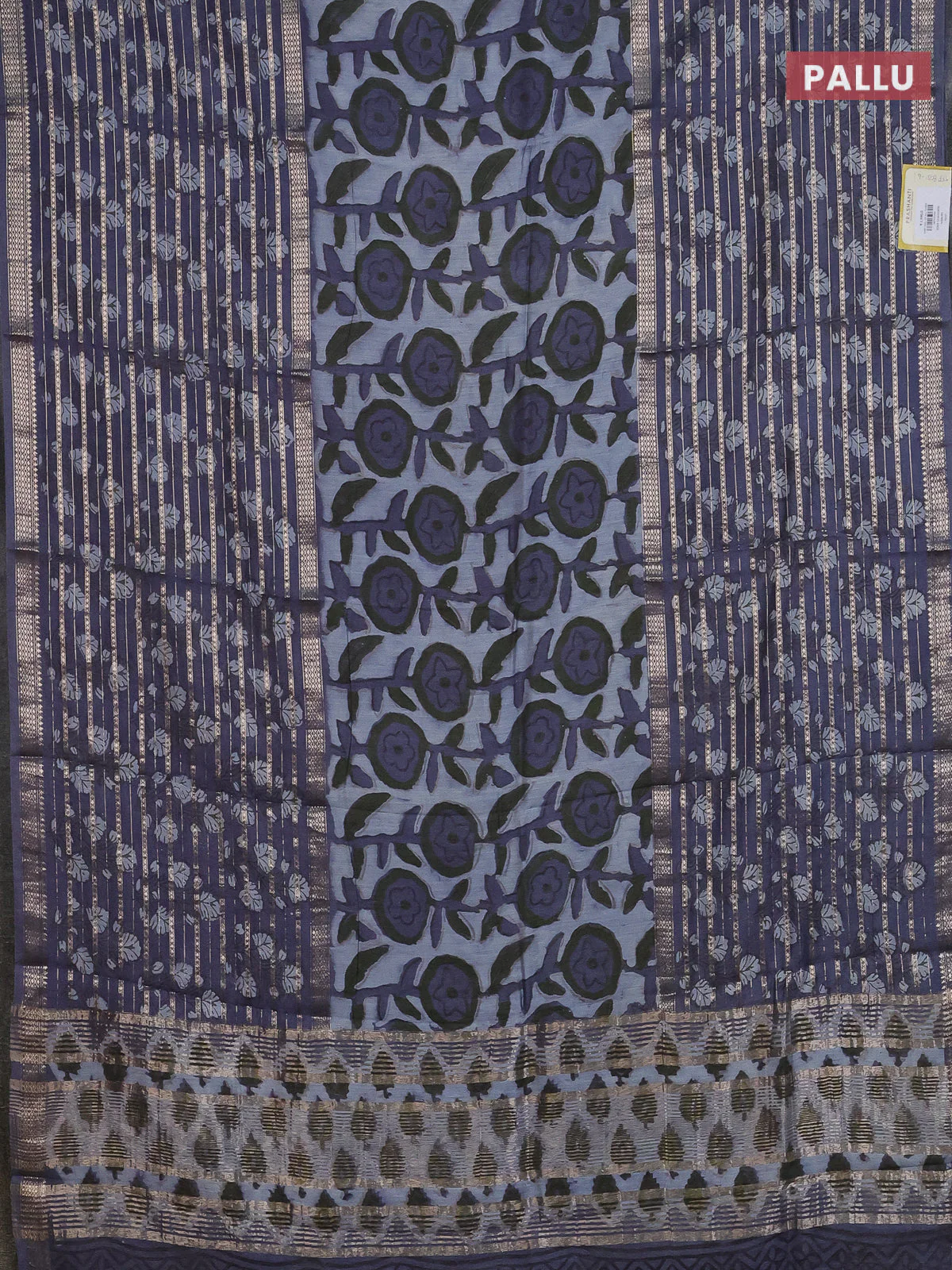 Semi chanderi saree grey with allover ajrakh prints and long printed zari border - Image 3