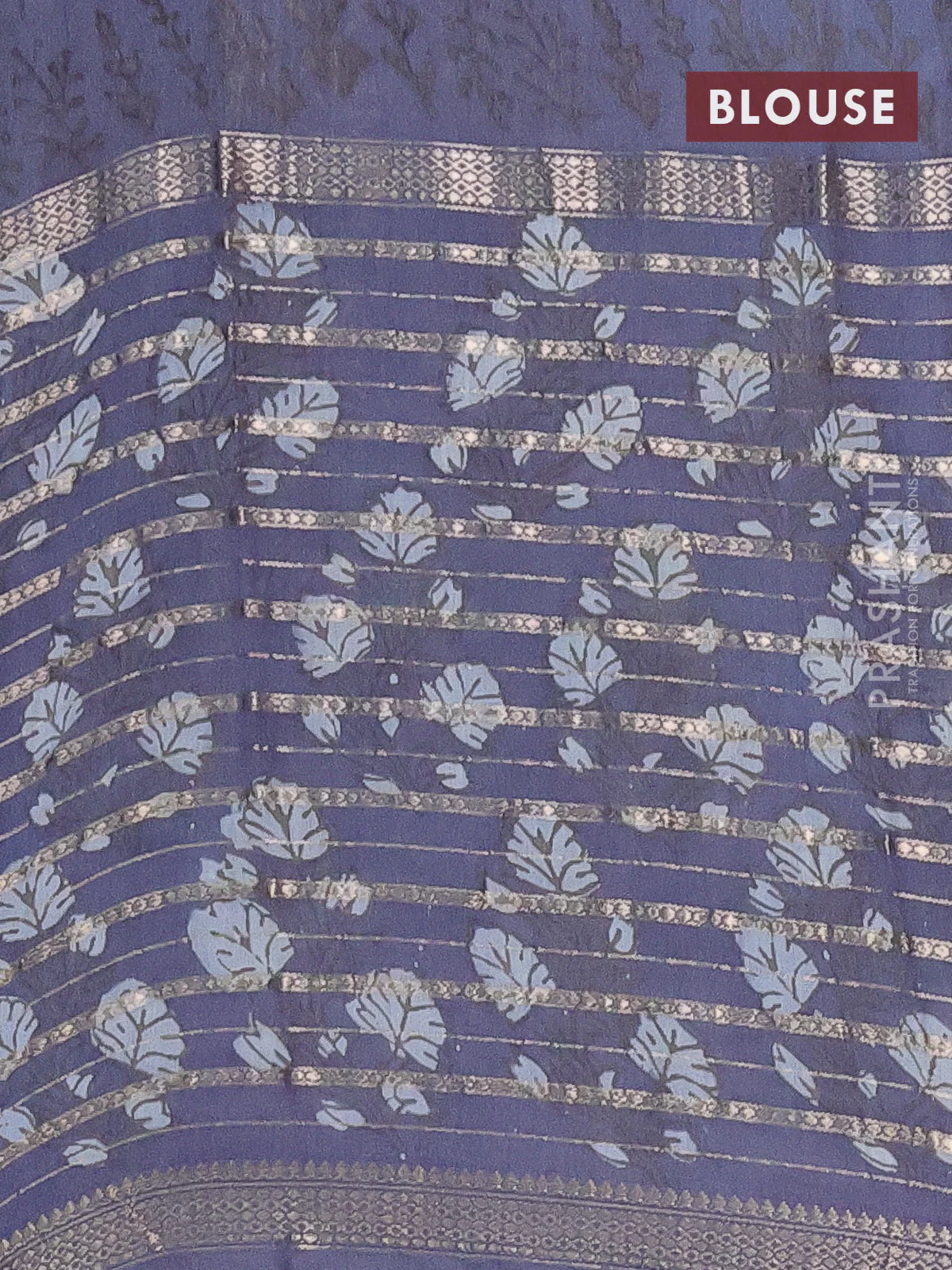 Semi chanderi saree grey with allover ajrakh prints and long printed zari border - Image 4
