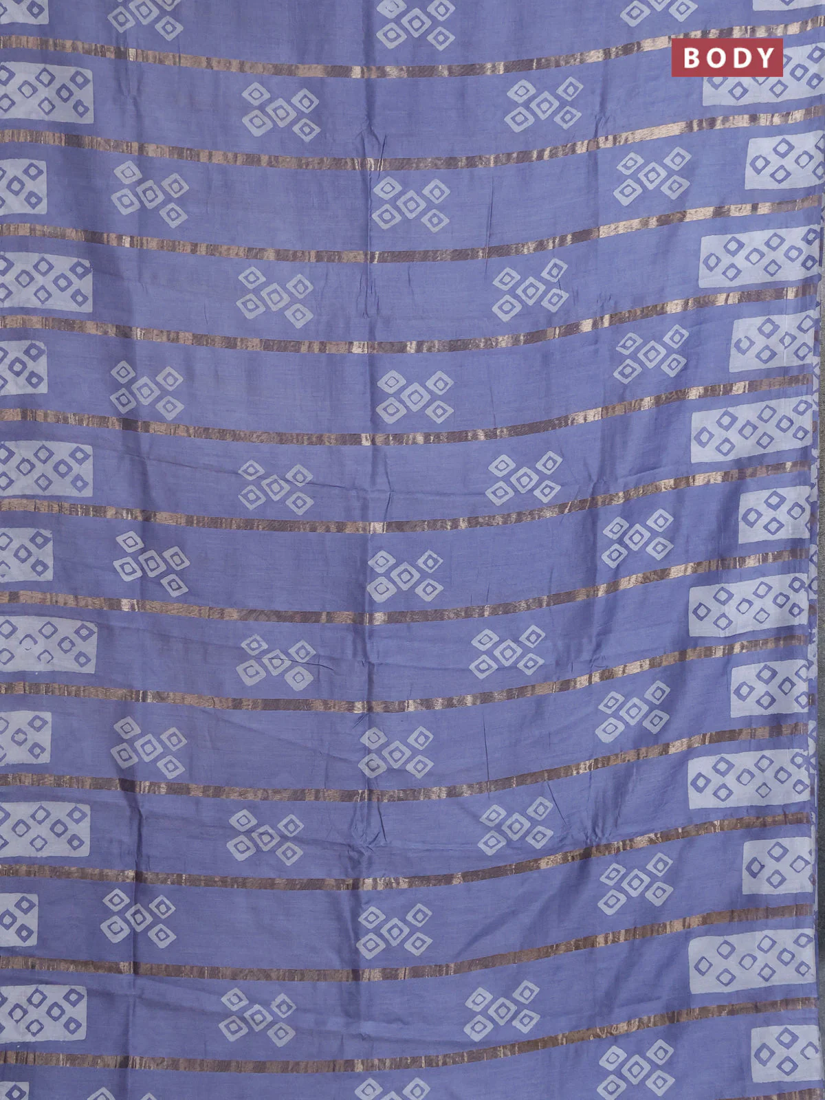 Semi chanderi saree grey with allover zari strips & batik butta prints in borderless style - Image 2