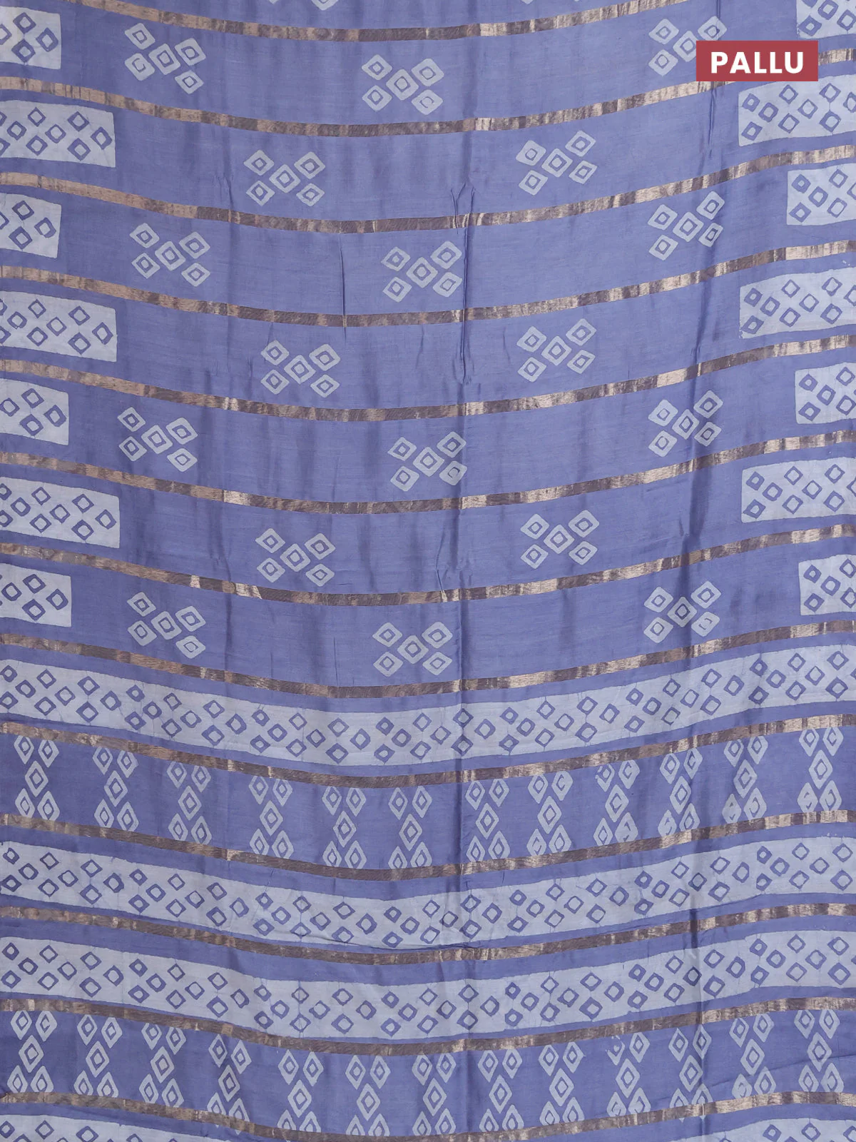 Semi chanderi saree grey with allover zari strips & batik butta prints in borderless style - Image 3