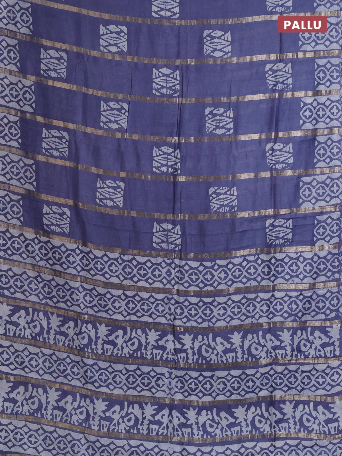 Semi chanderi saree grey with allover zari strips & batik butta prints in borderless style - Image 3
