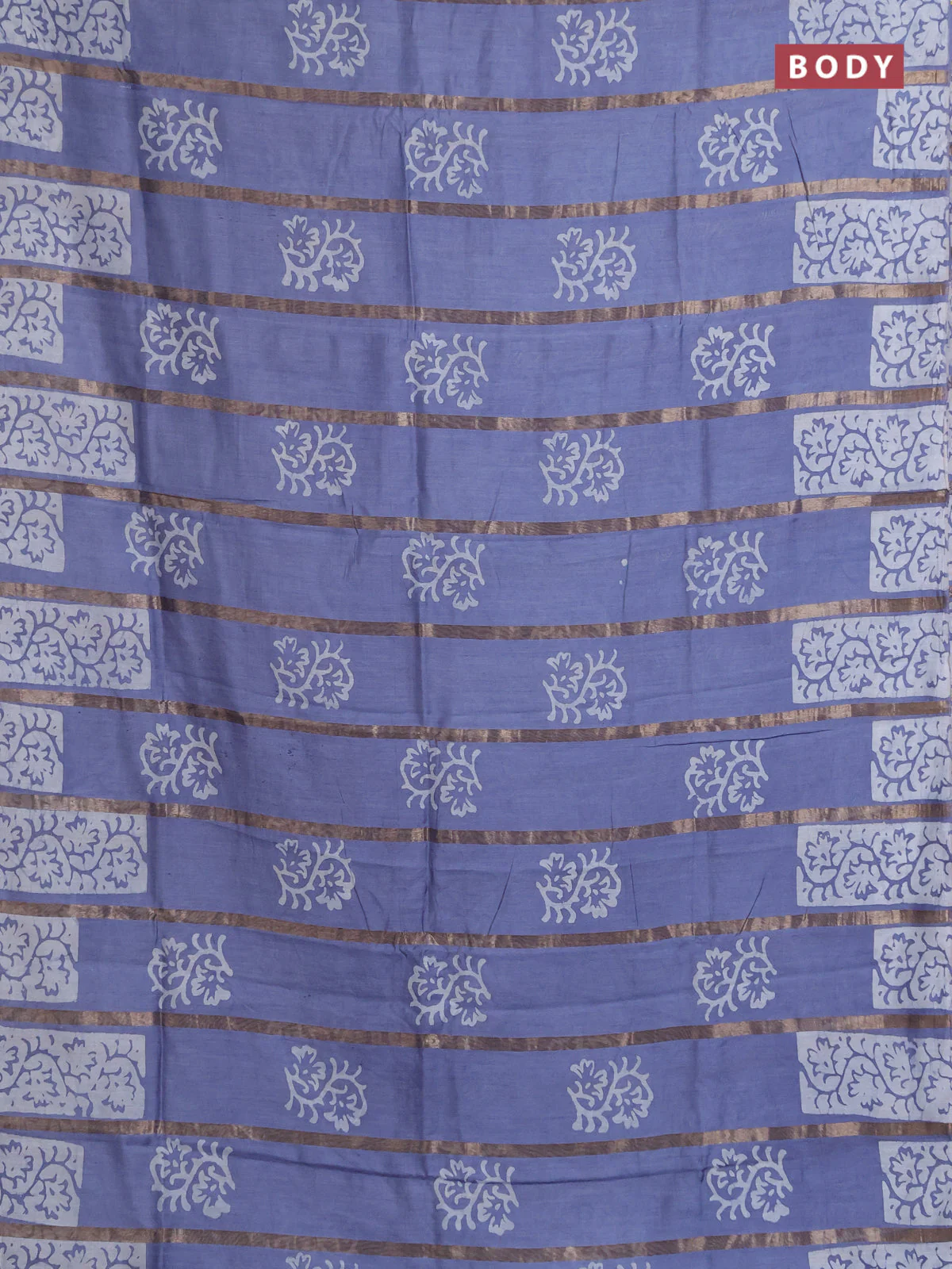 Semi chanderi saree grey with allover zari strips & batik butta prints in borderless style - Image 2