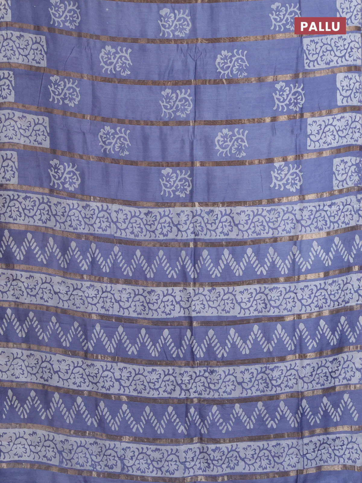 Semi chanderi saree grey with allover zari strips & batik butta prints in borderless style - Image 3