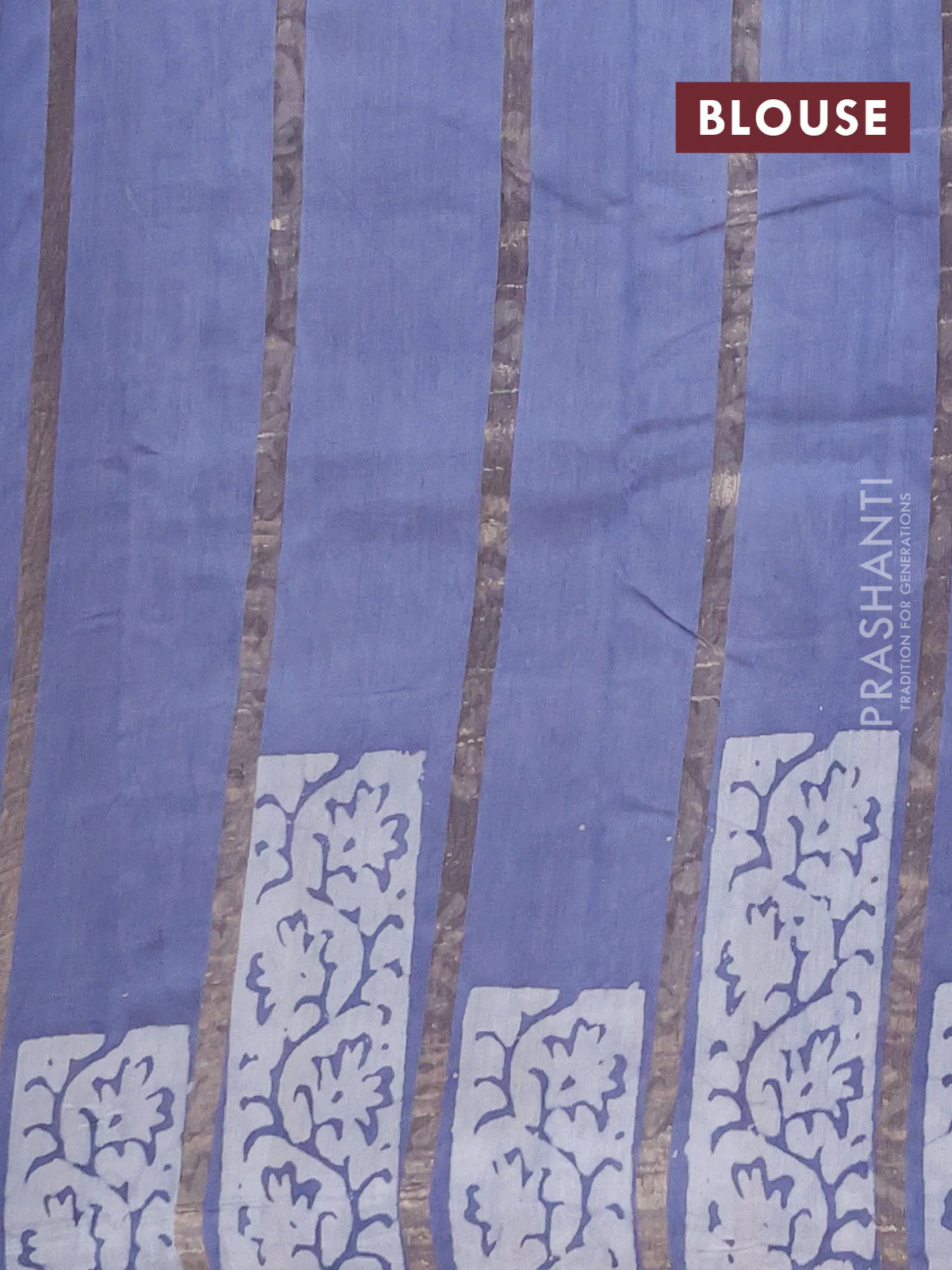 Semi chanderi saree grey with allover zari strips & batik butta prints in borderless style - Image 4