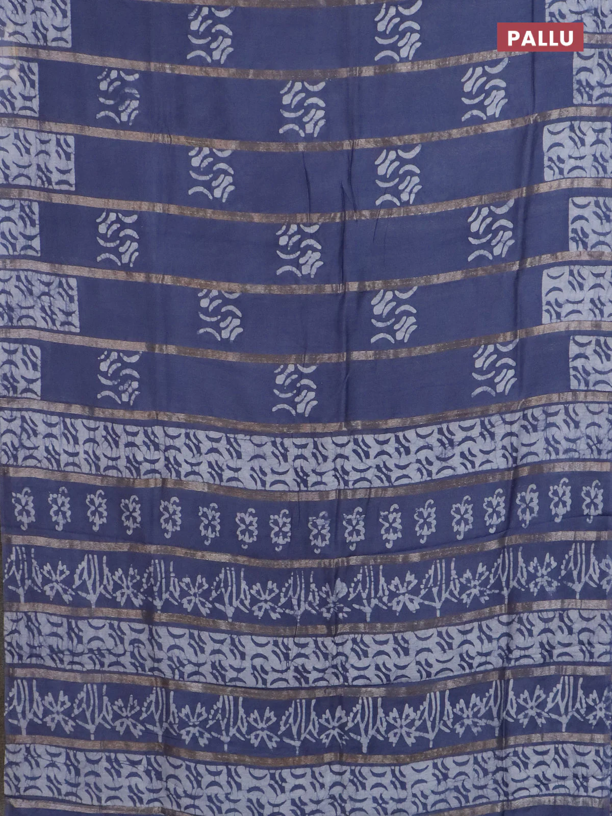 Semi chanderi saree grey with allover zari strips & batik butta prints in borderless style - Image 3