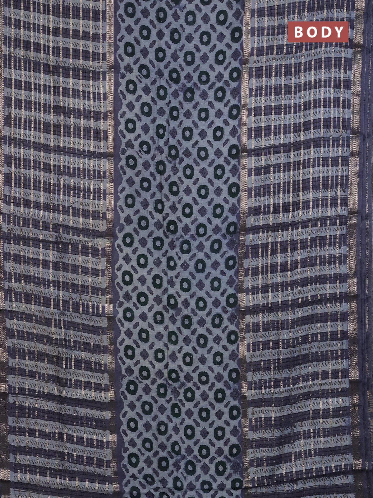 Semi chanderi saree greyish blue and grey with allover ajrakh prints and long printed zari border - Image 2