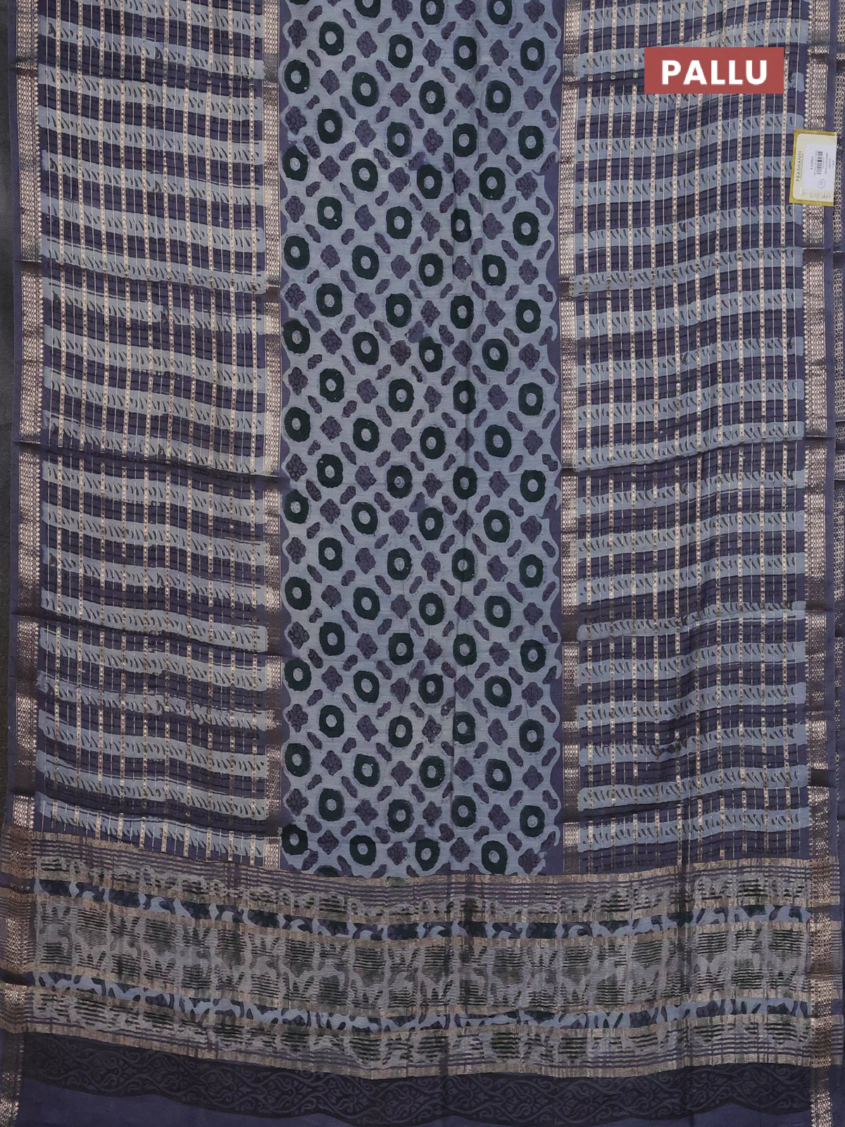 Semi chanderi saree greyish blue and grey with allover ajrakh prints and long printed zari border - Image 3