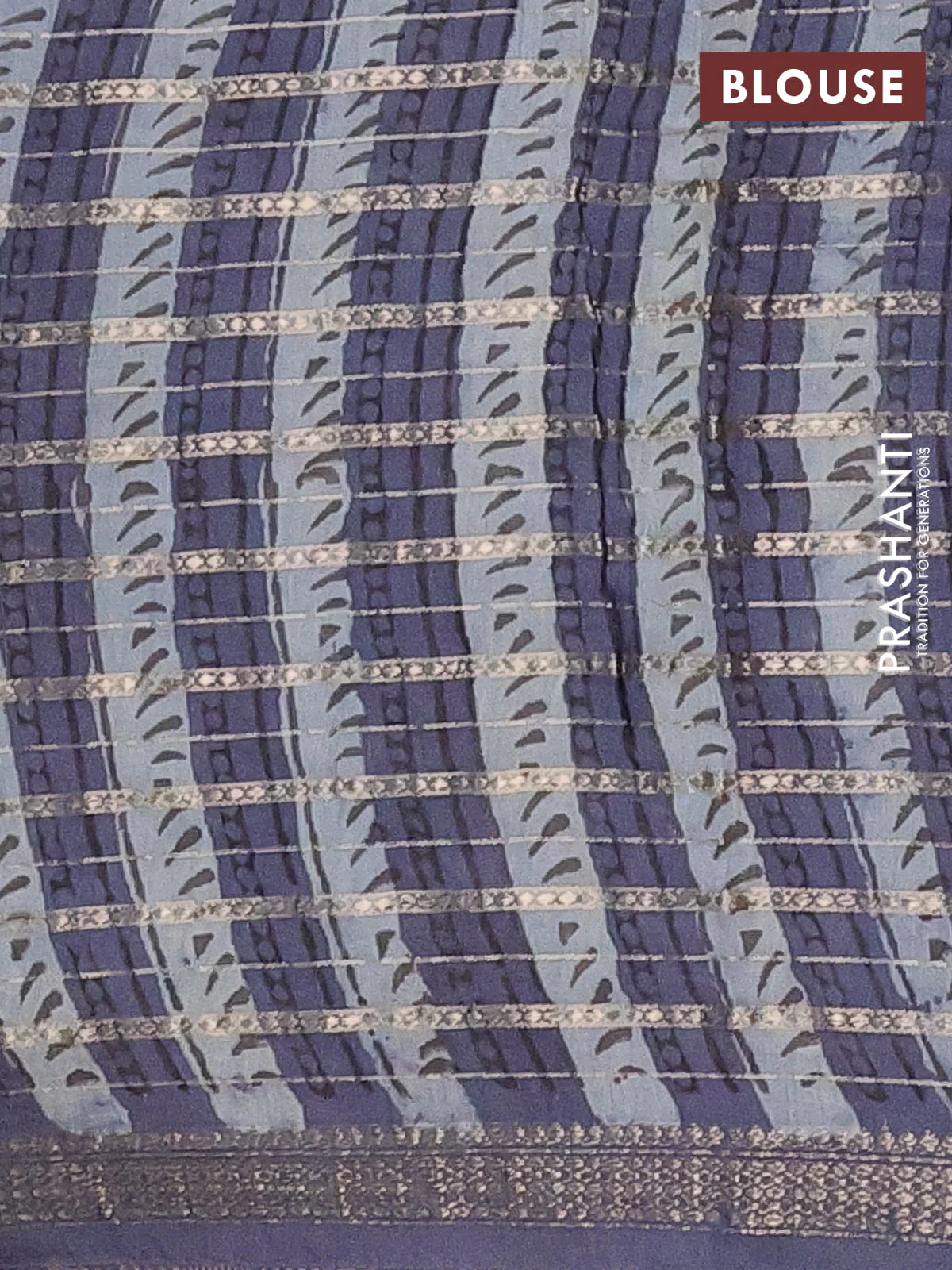 Semi chanderi saree greyish blue and grey with allover ajrakh prints and long printed zari border - Image 4
