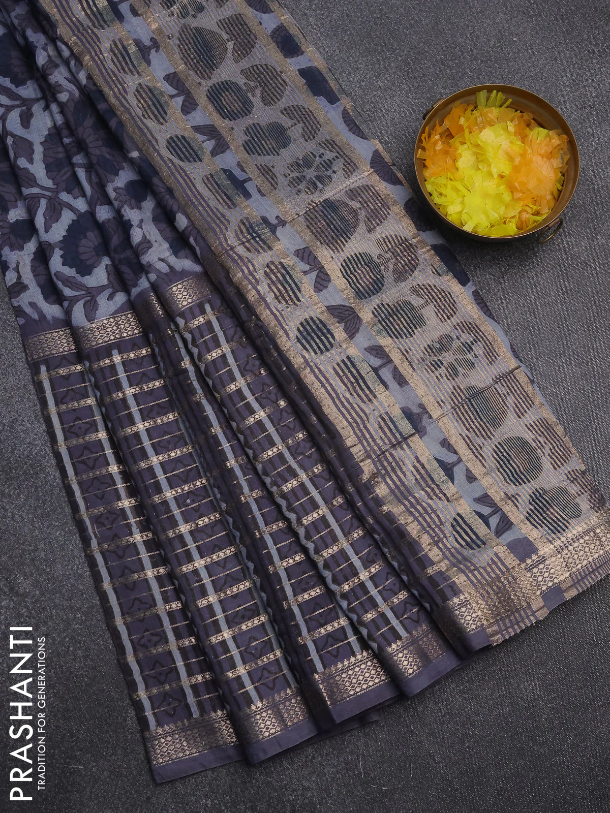 Semi chanderi saree greyish blue and grey with allover kalamkari prints and long printed zari border