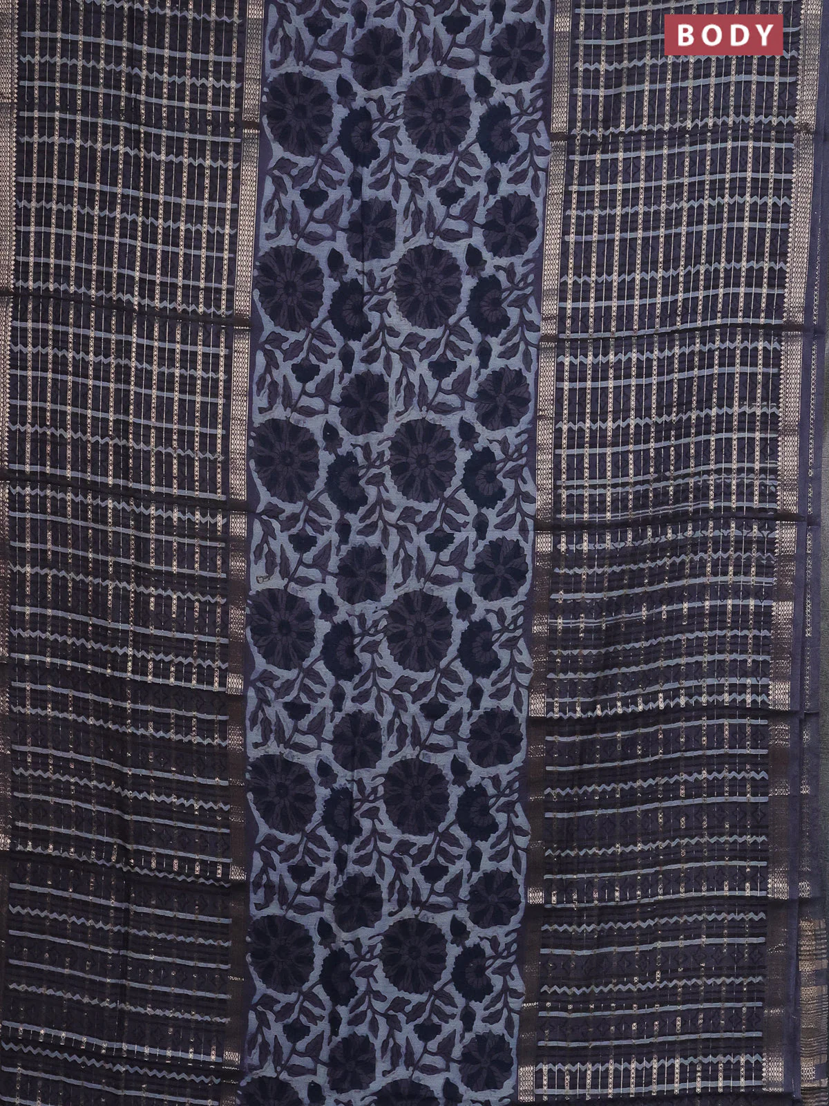 Semi chanderi saree greyish blue and grey with allover kalamkari prints and long printed zari border - Image 2