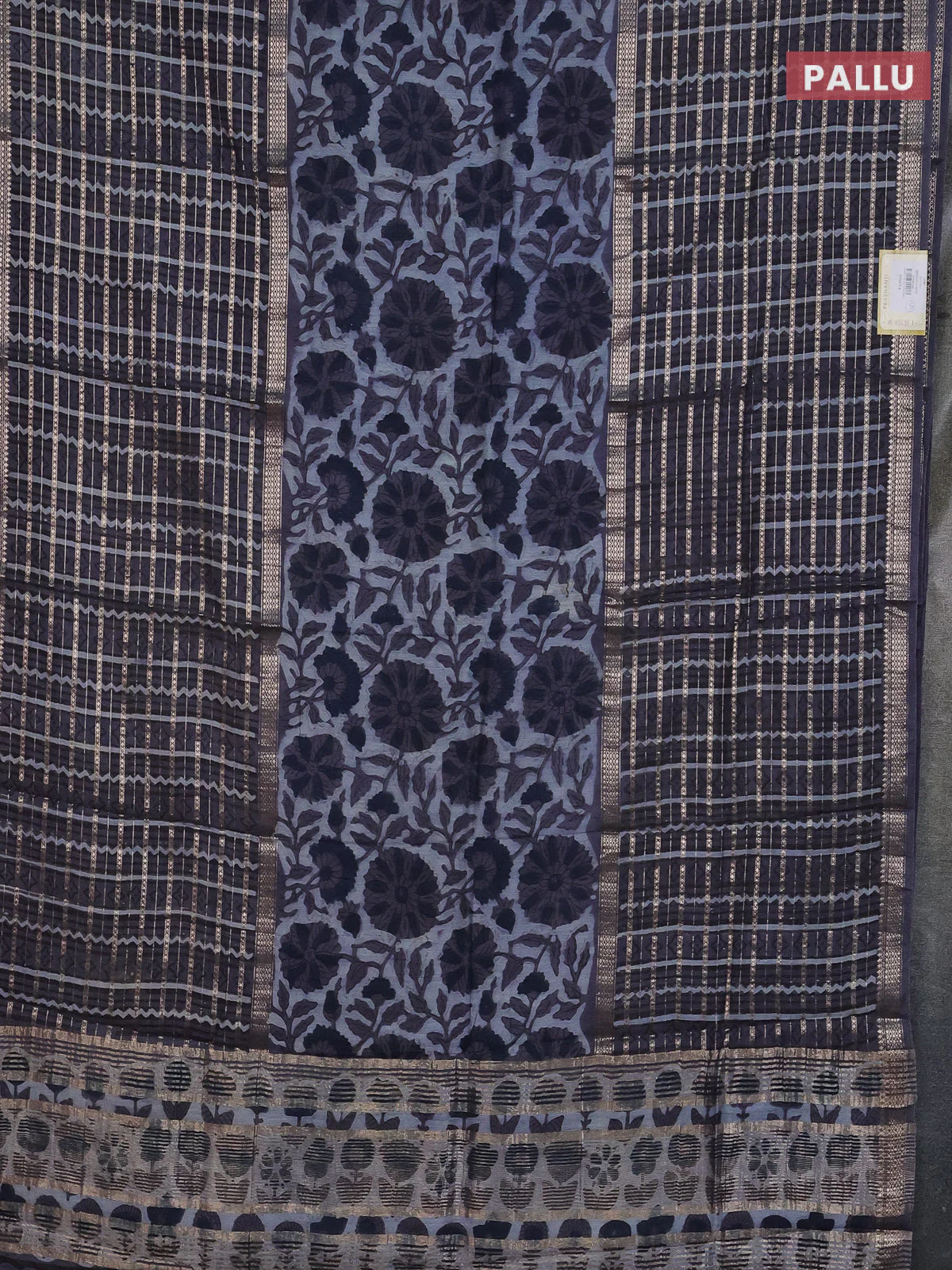 Semi chanderi saree greyish blue and grey with allover kalamkari prints and long printed zari border - Image 3