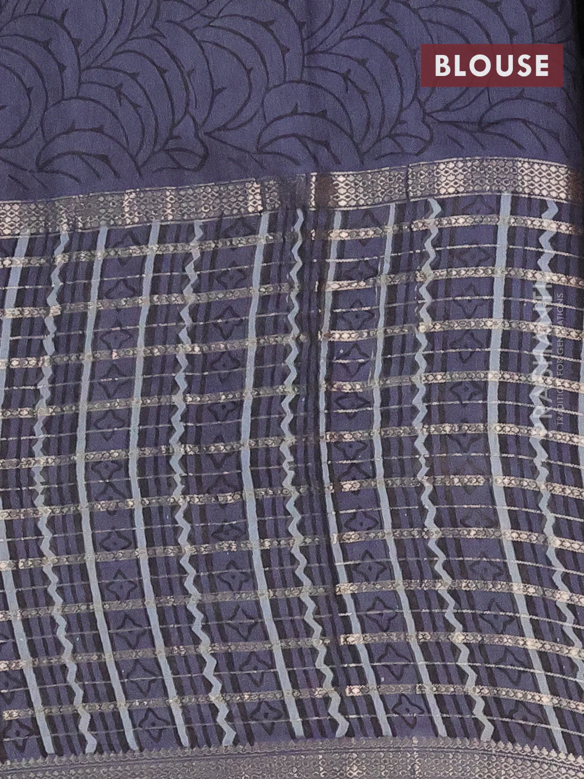 Semi chanderi saree greyish blue and grey with allover kalamkari prints and long printed zari border - Image 4