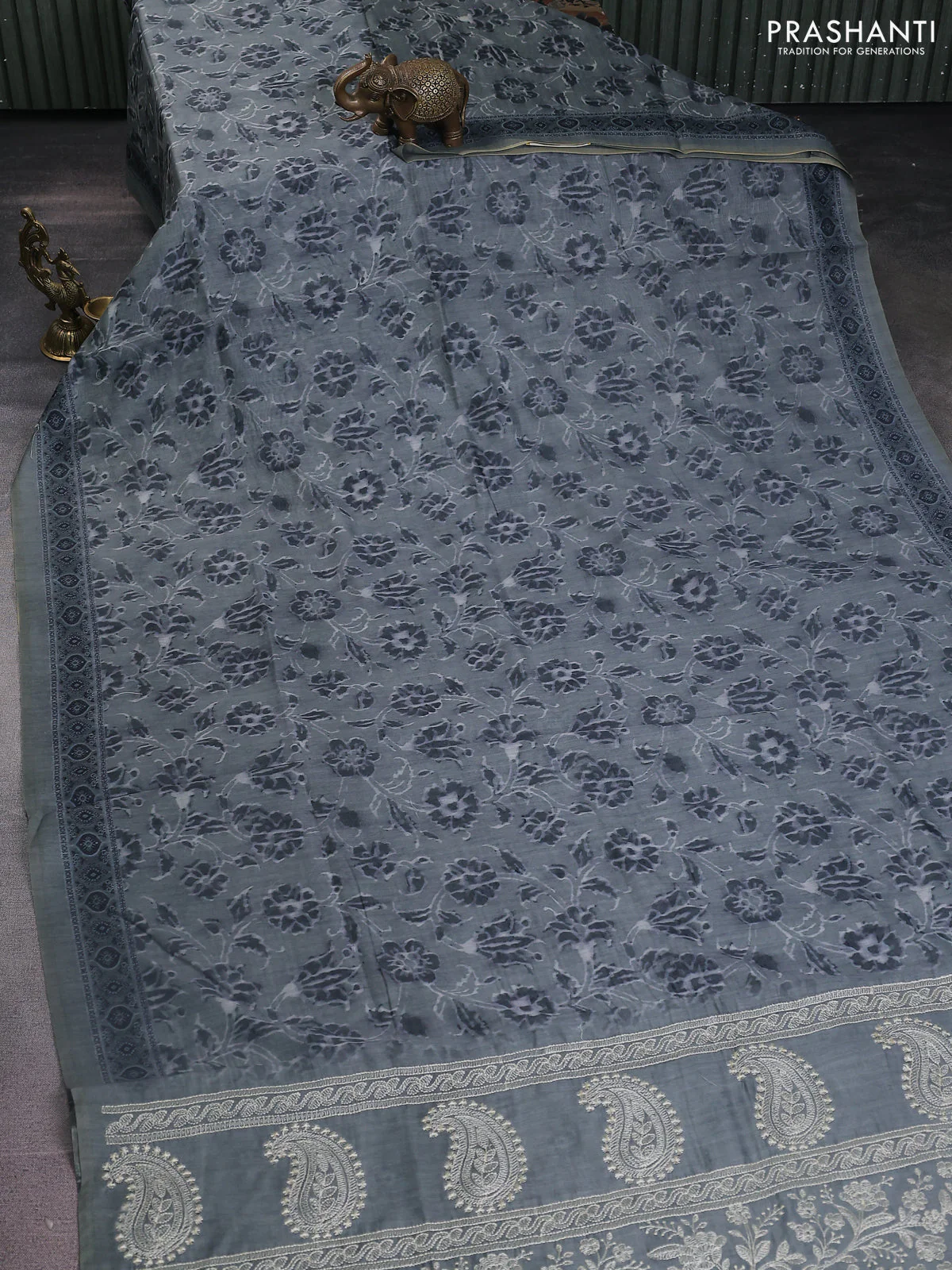 Semi chanderi saree greyish green with allover prints and embroidery pallu - Image 2
