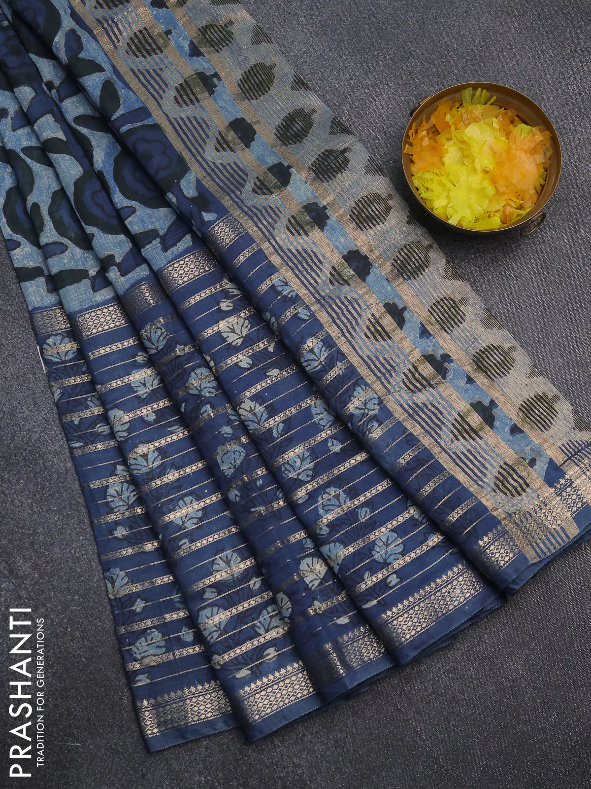 Semi chanderi saree indigo blue and blue with allover ajrakh prints and long printed zari border