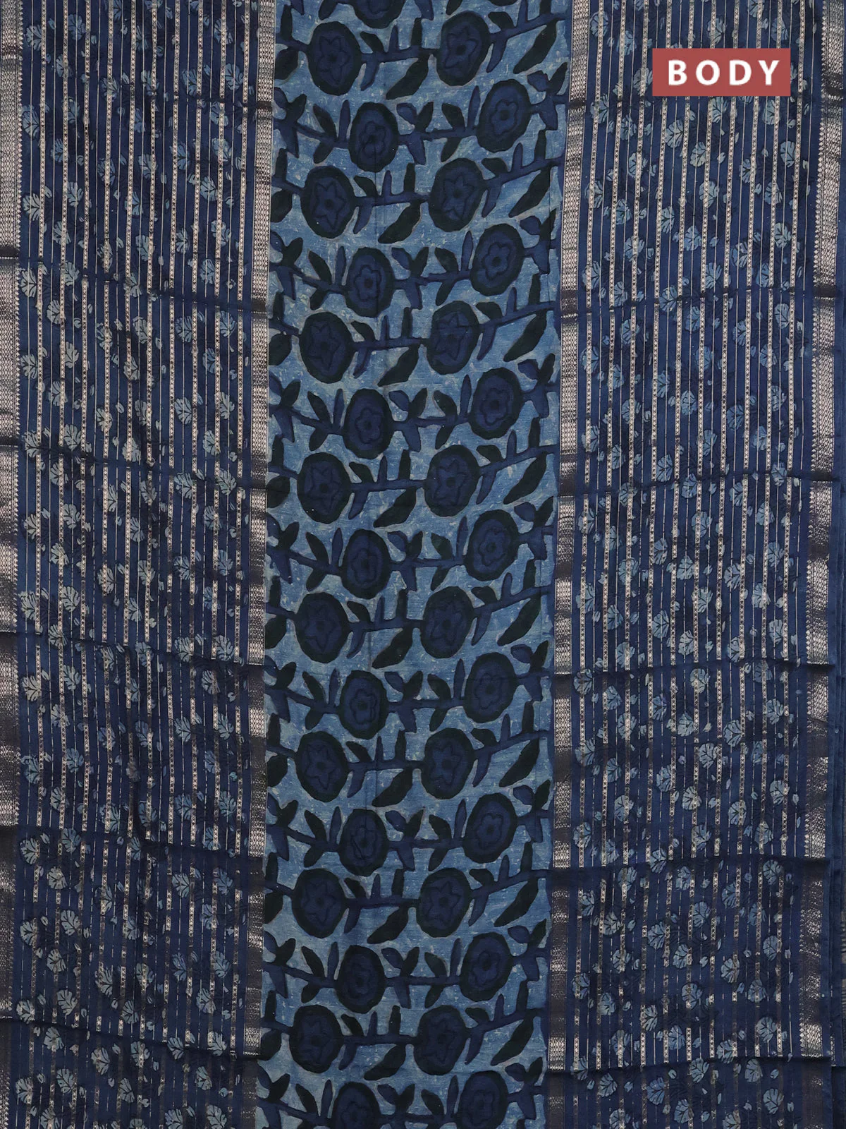Semi chanderi saree indigo blue and blue with allover ajrakh prints and long printed zari border - Image 2