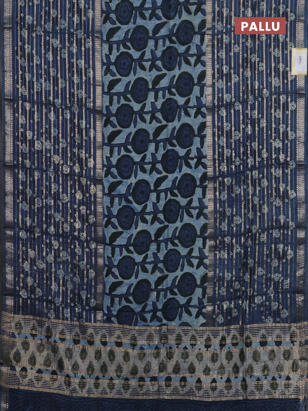 Semi chanderi saree indigo blue and blue with allover ajrakh prints and long printed zari border - Image 3