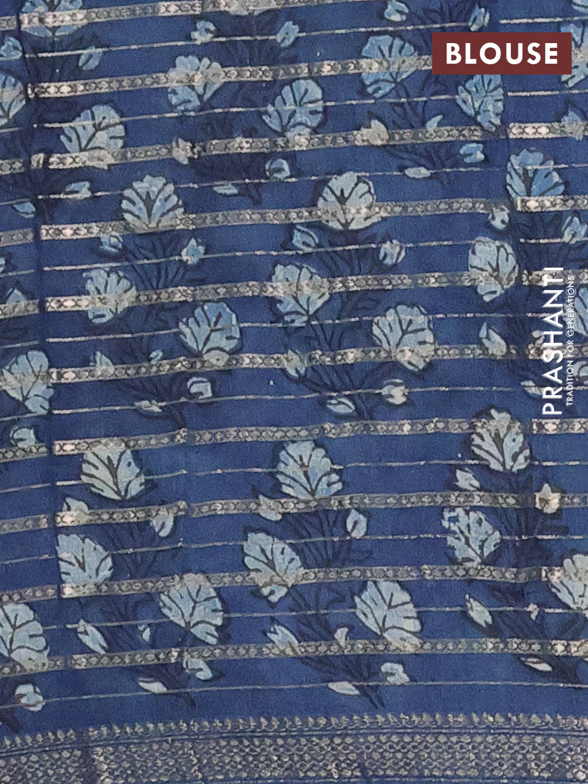 Semi chanderi saree indigo blue and blue with allover ajrakh prints and long printed zari border - Image 4