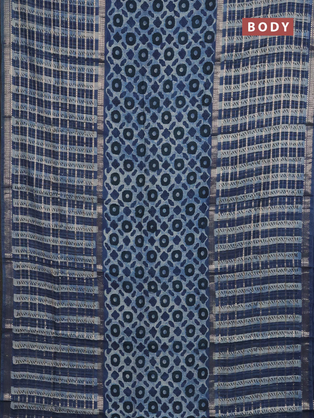 Semi chanderi saree indigo blue and blue with allover ajrakh prints and long printed zari border - Image 2