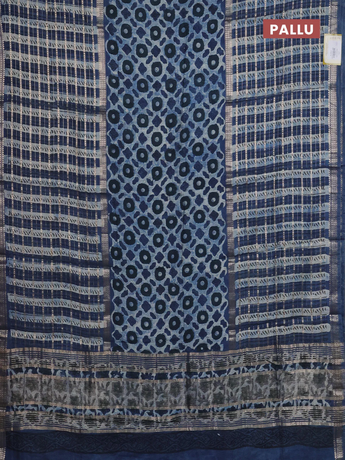 Semi chanderi saree indigo blue and blue with allover ajrakh prints and long printed zari border - Image 3