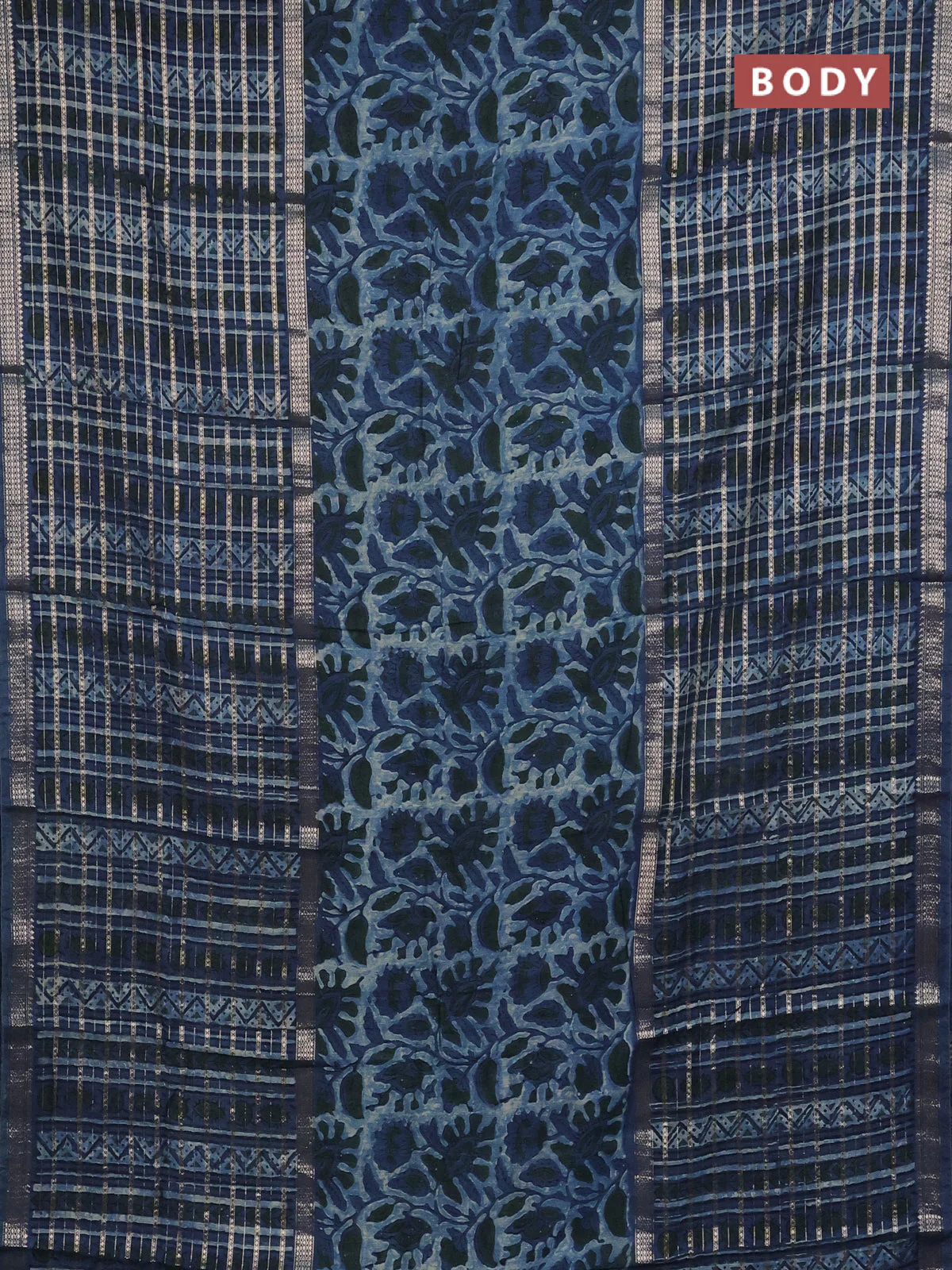 Semi chanderi saree indigo blue with kalamkari prints and long printed zari woven border - Image 2