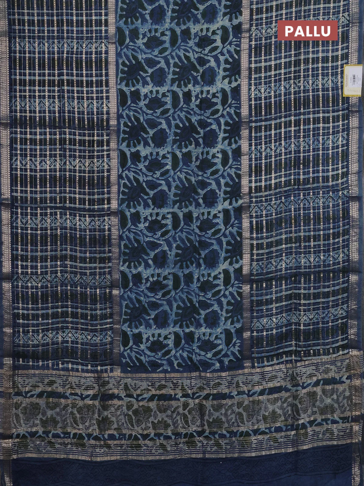 Semi chanderi saree indigo blue with kalamkari prints and long printed zari woven border - Image 3