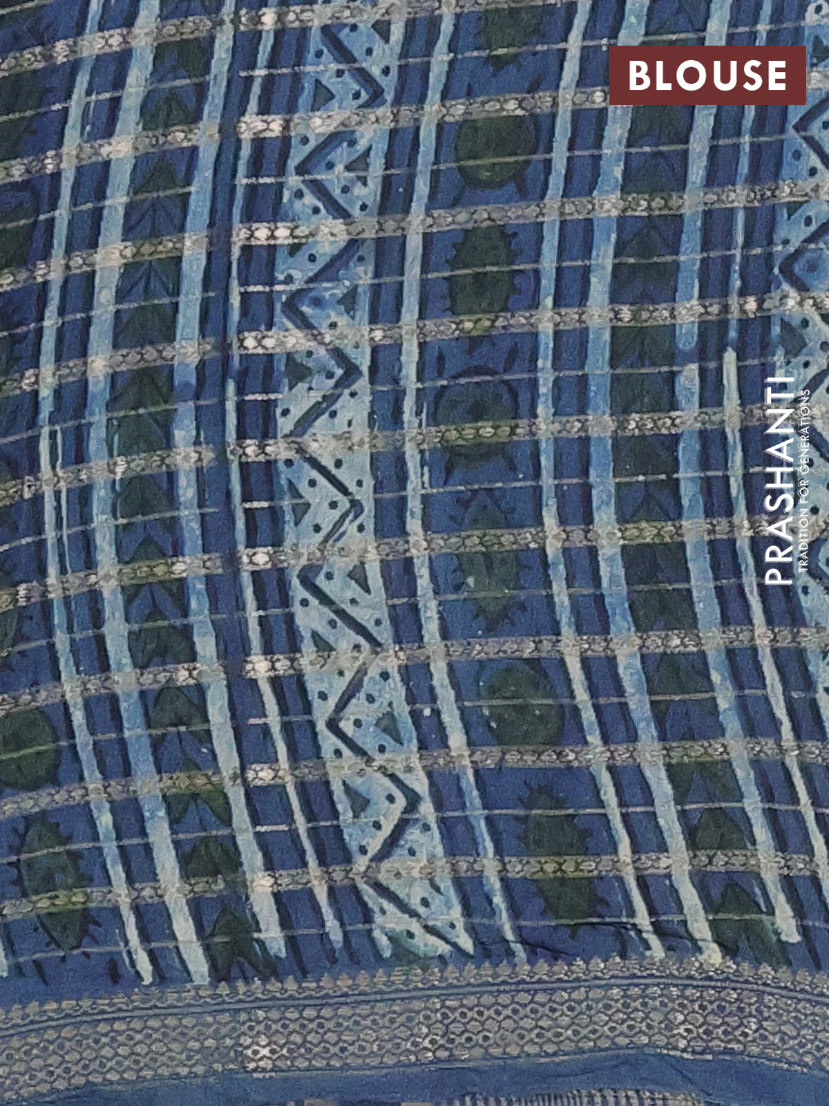 Semi chanderi saree indigo blue with kalamkari prints and long printed zari woven border - Image 4