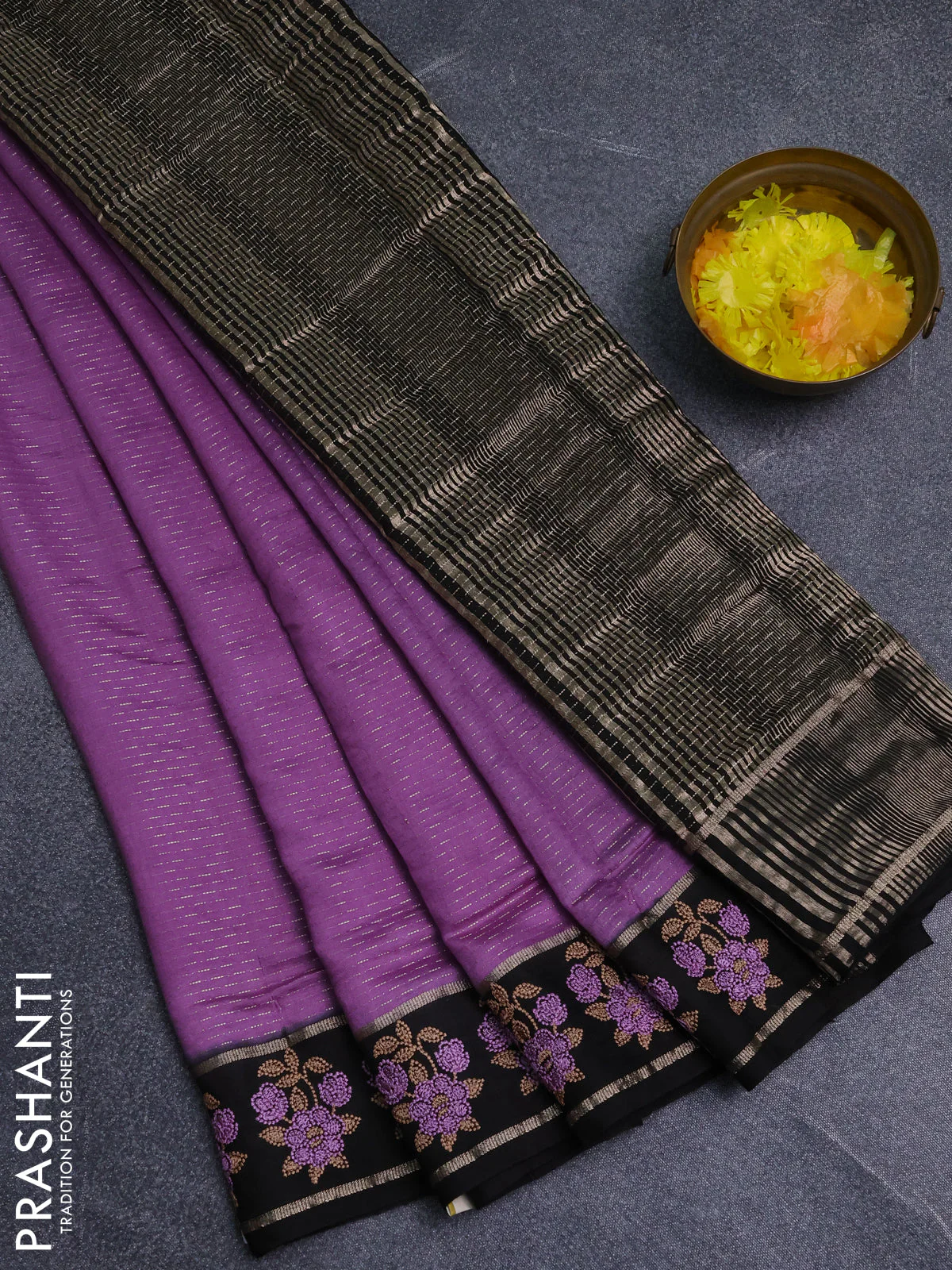 Semi chanderi saree lavender and black with allover zari weaves and embroidery zari border