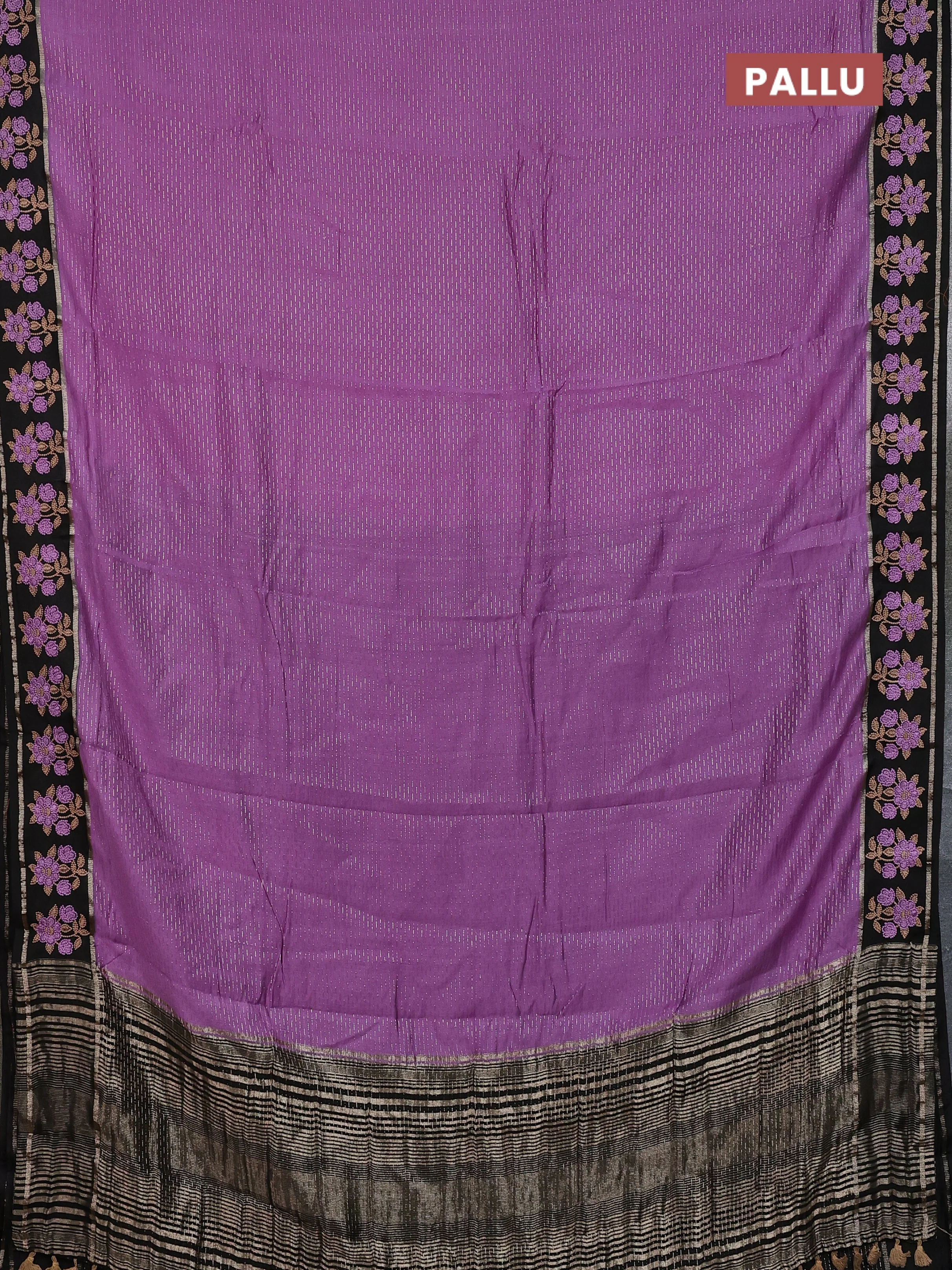 Semi chanderi saree lavender and black with allover zari weaves and embroidery zari border - Image 3