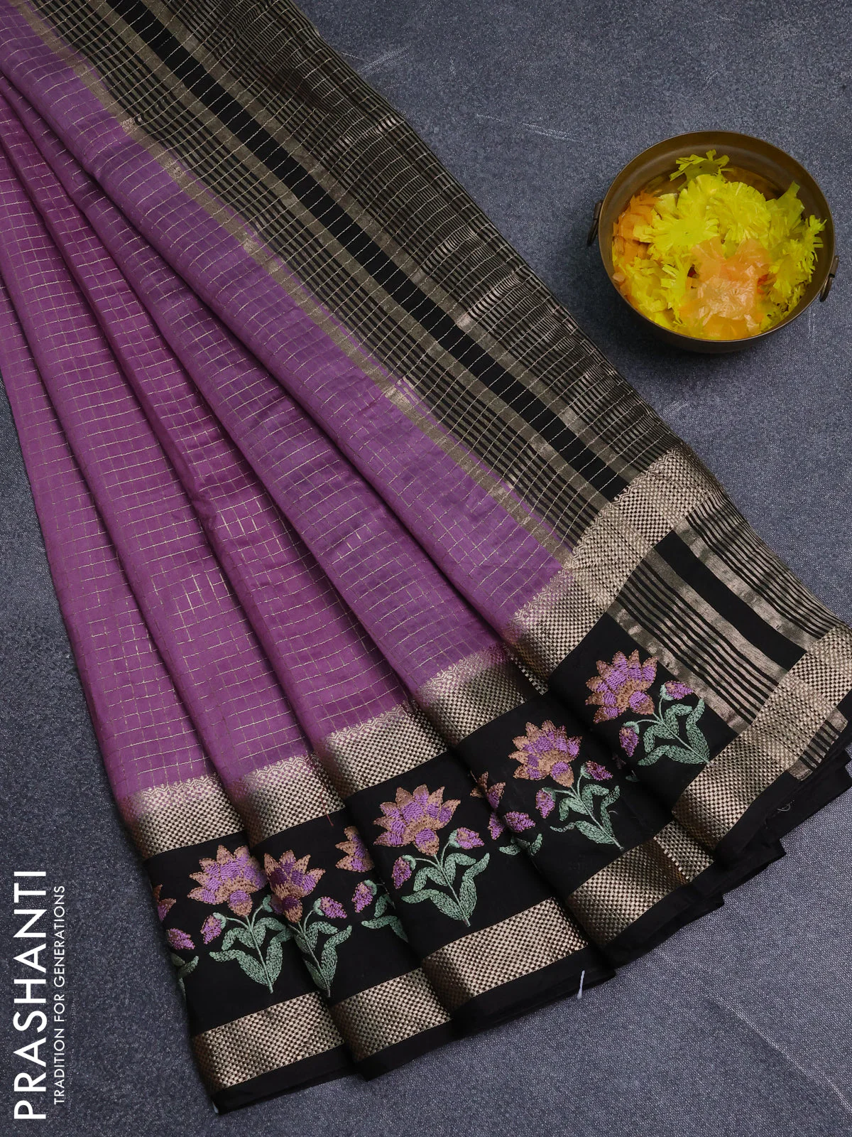 Semi chanderi saree lavender and black with allover zari woven checked pattern and embroidery zari border