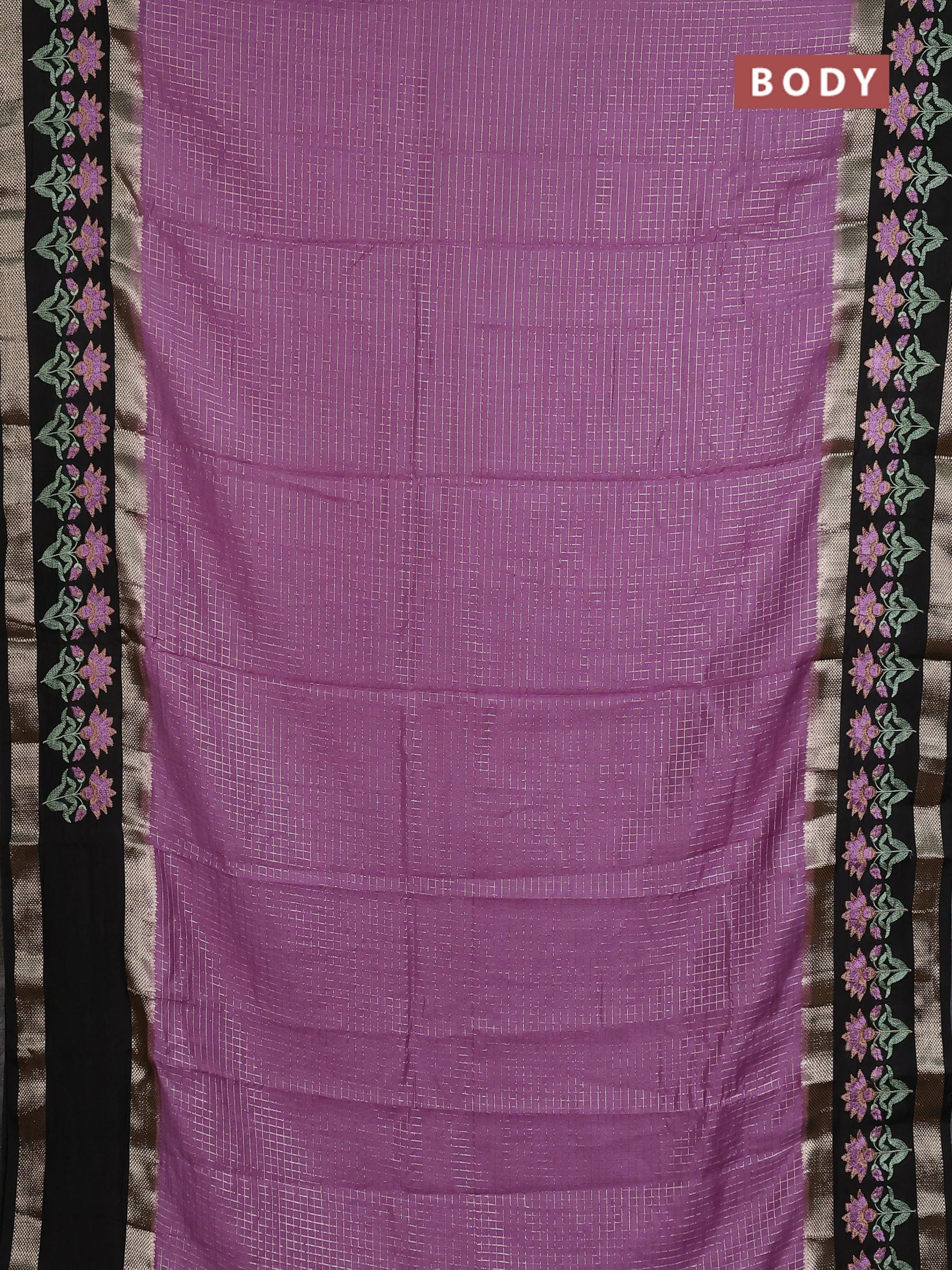 Semi chanderi saree lavender and black with allover zari woven checked pattern and embroidery zari border - Image 2