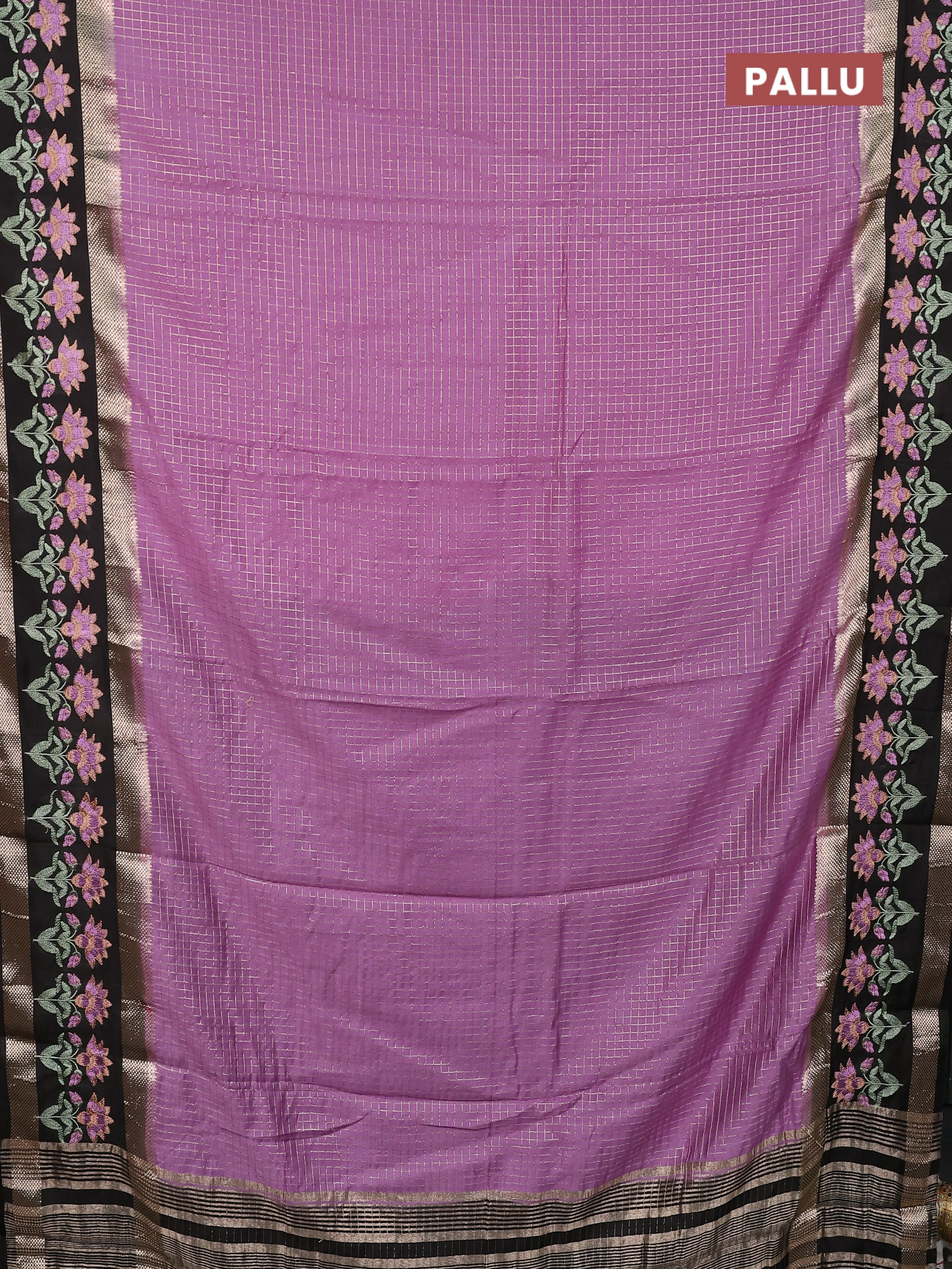 Semi chanderi saree lavender and black with allover zari woven checked pattern and embroidery zari border - Image 3