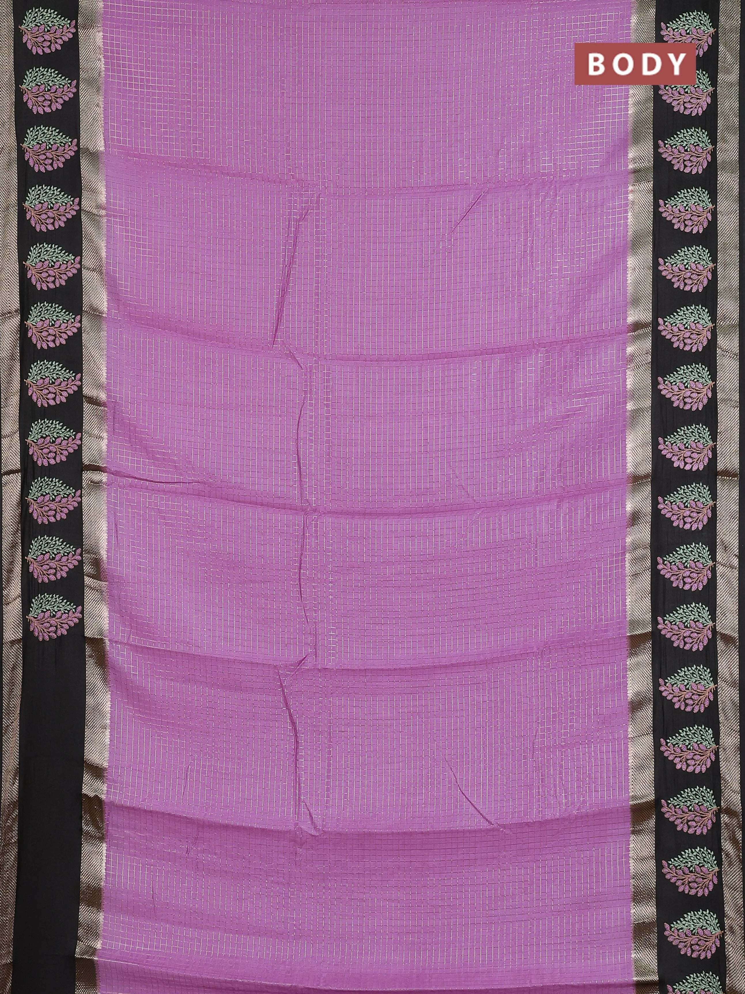 Semi chanderi saree lavender and deep coffee brown with allover zari woven checked pattern and embroidery zari border - Image 2