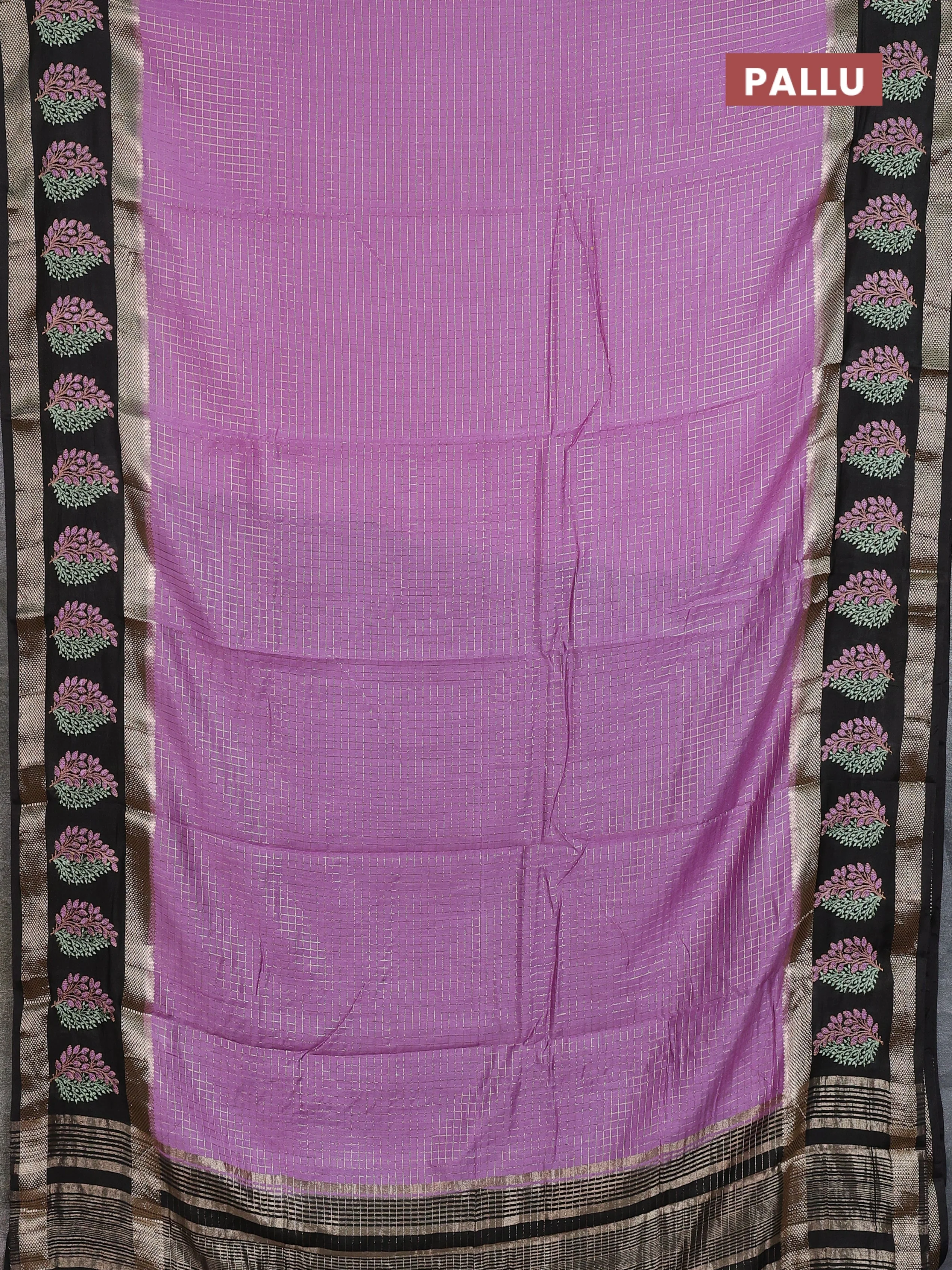 Semi chanderi saree lavender and deep coffee brown with allover zari woven checked pattern and embroidery zari border - Image 3