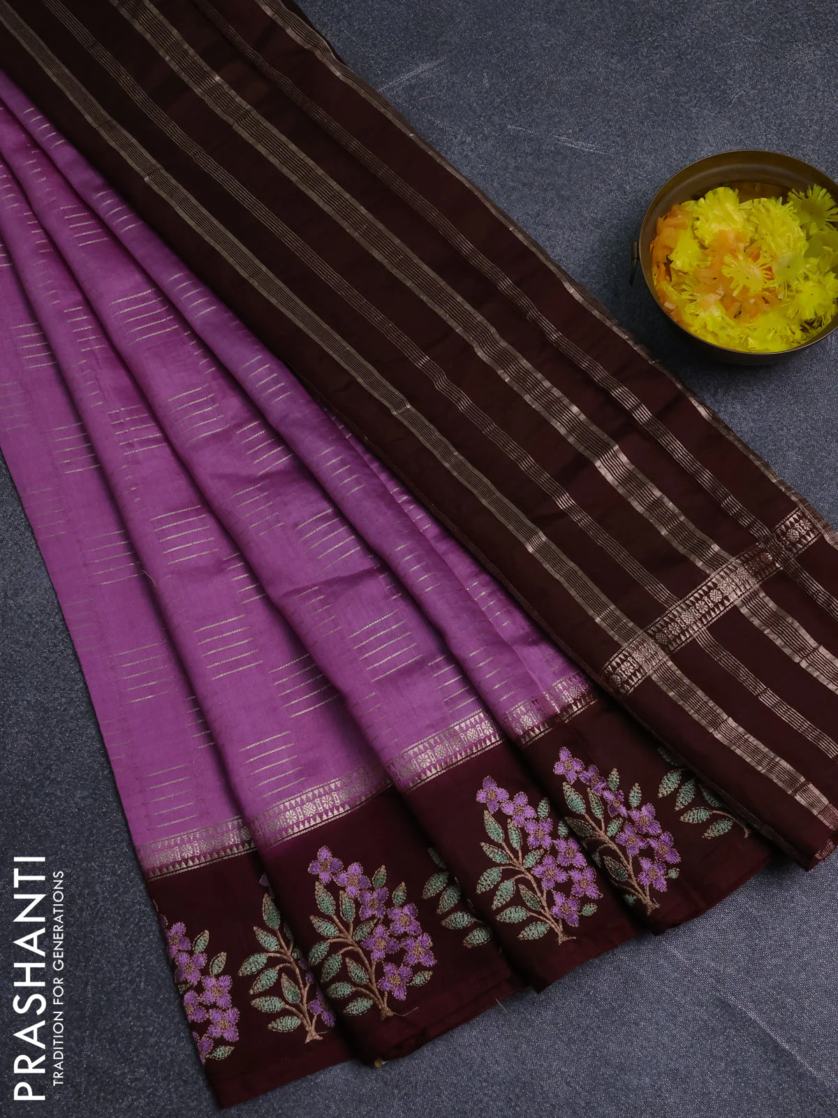 Semi chanderi saree lavender and deep maroon with allover zari weaves and embroidery border