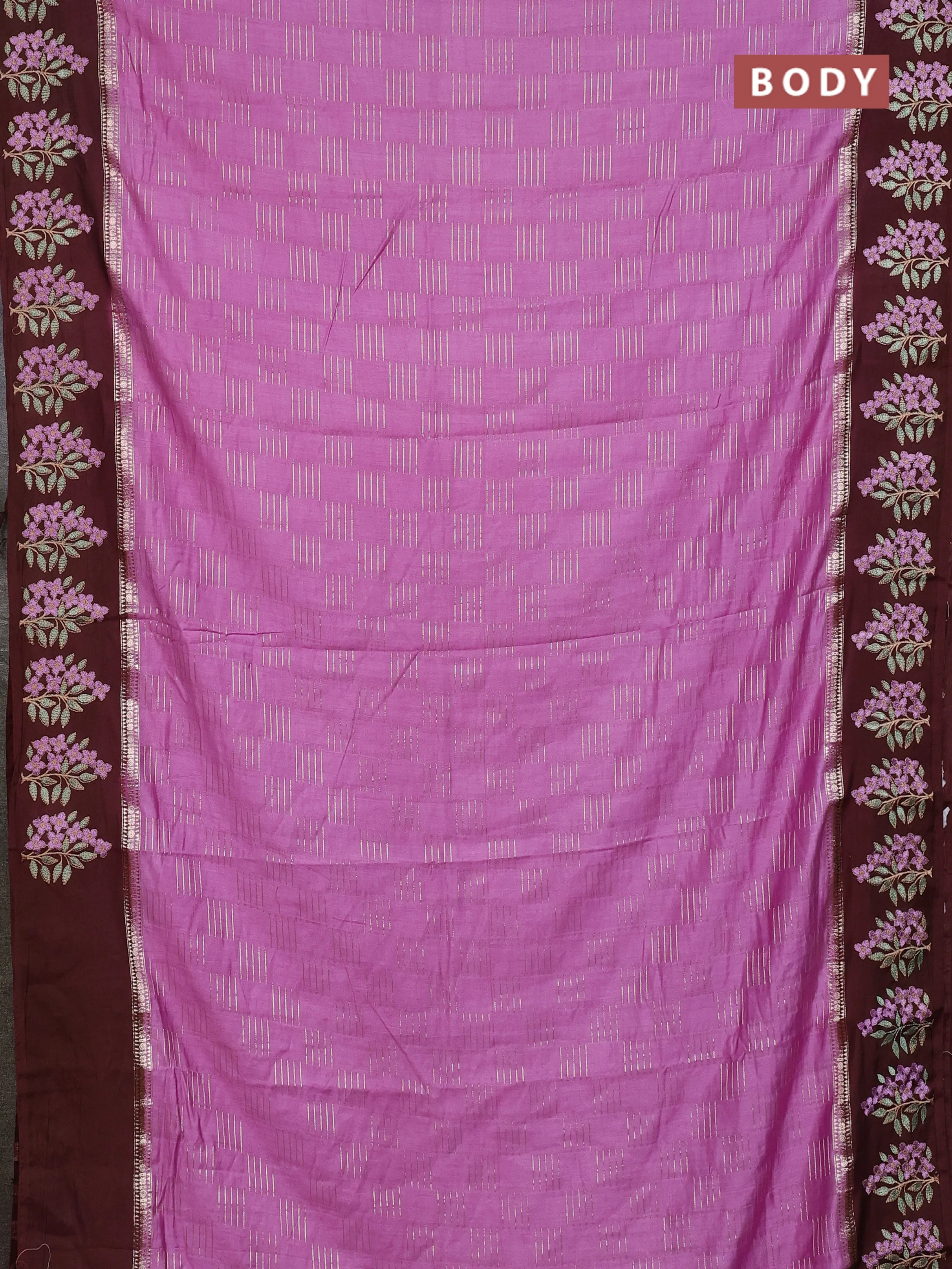 Semi chanderi saree lavender and deep maroon with allover zari weaves and embroidery border - Image 2