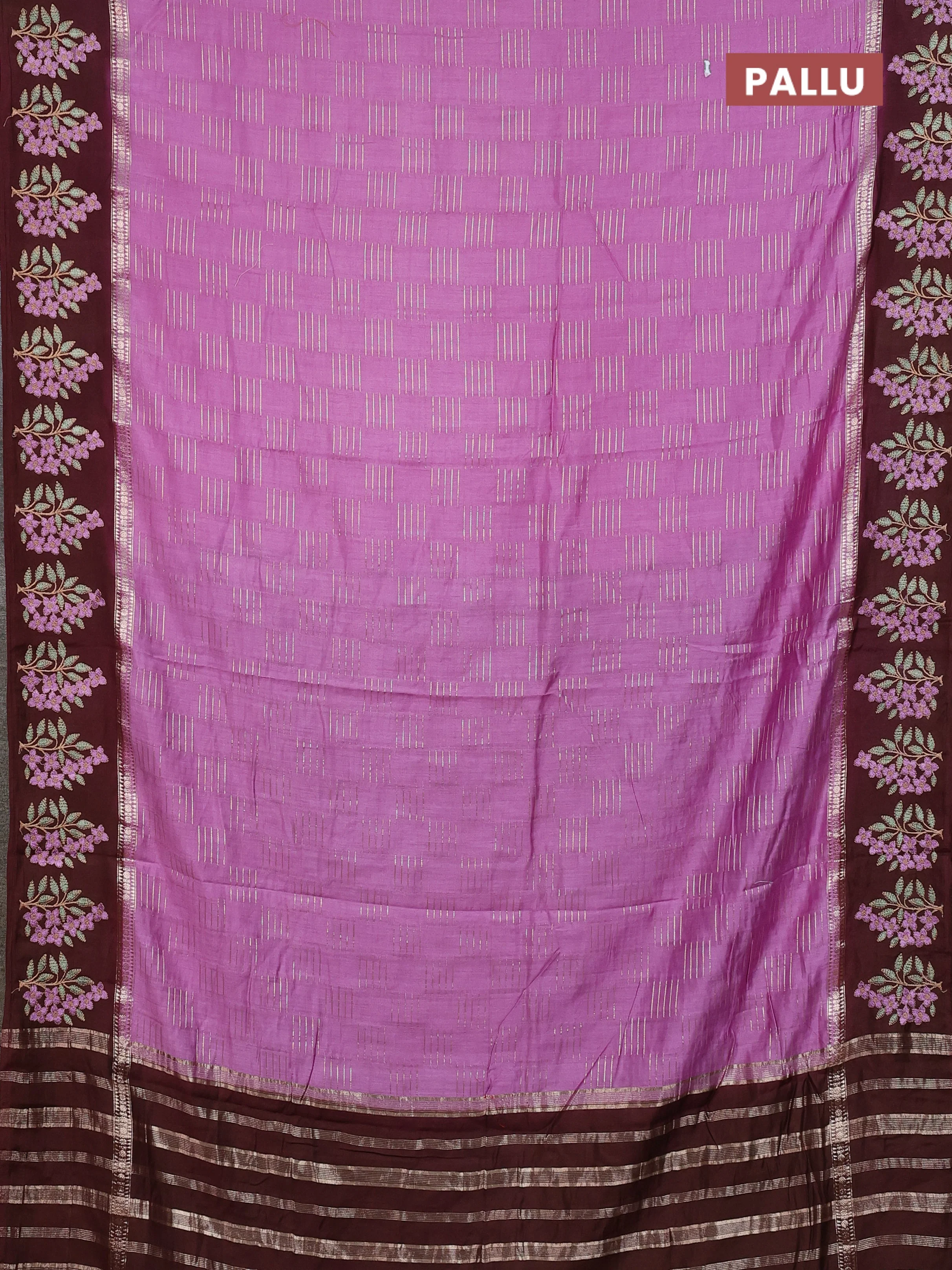 Semi chanderi saree lavender and deep maroon with allover zari weaves and embroidery border - Image 3