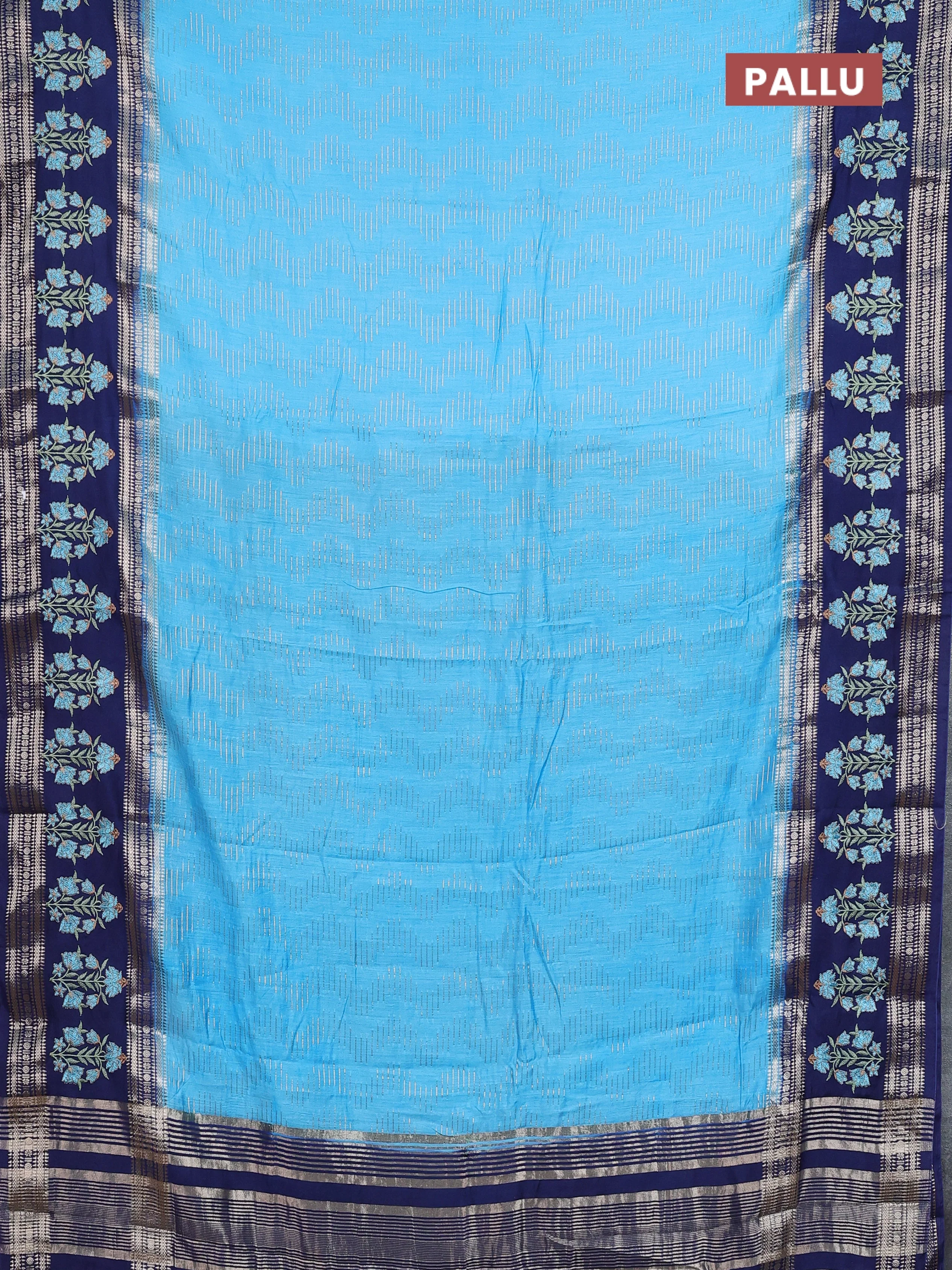 Semi chanderi saree light blue and blue with allover zari weaves and embroidery zari border - Image 3