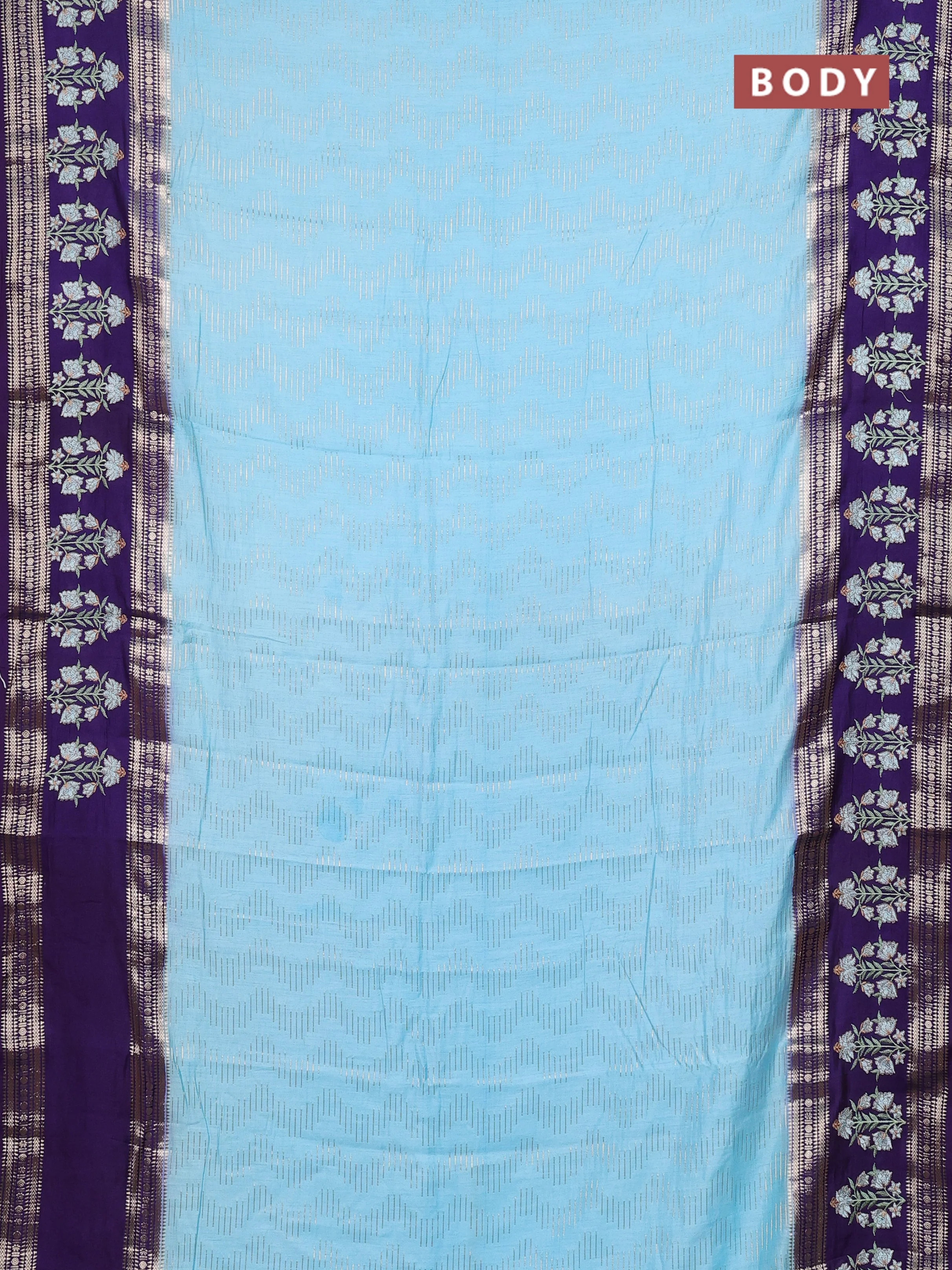 Semi chanderi saree light blue and violet with allover zari weaves and embroidery zari border - Image 2