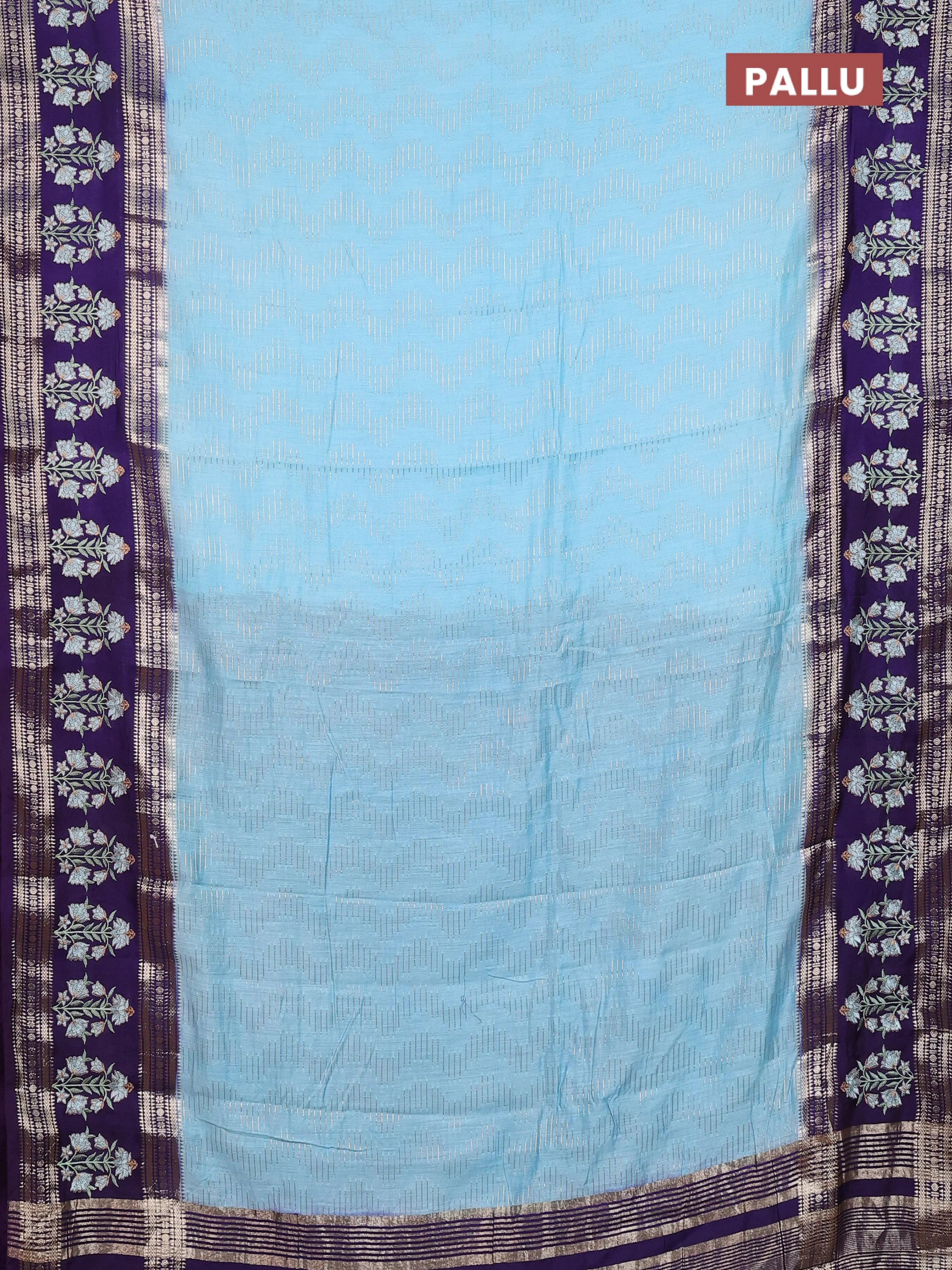 Semi chanderi saree light blue and violet with allover zari weaves and embroidery zari border - Image 3