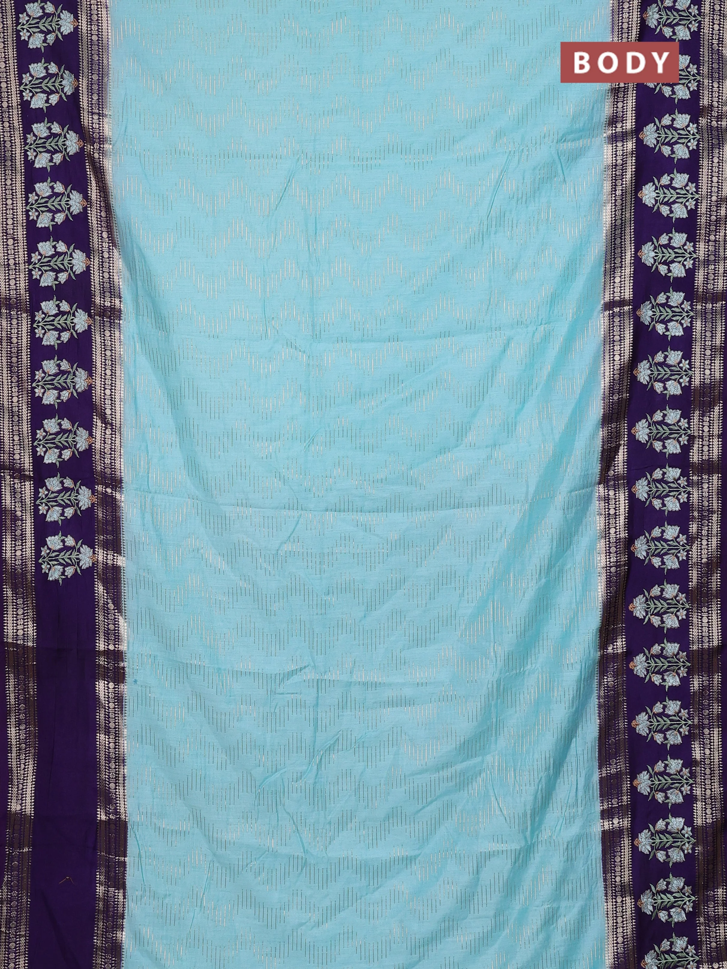 Semi chanderi saree light blue and violet with allover zari weaves and embroidery zari border - Image 2