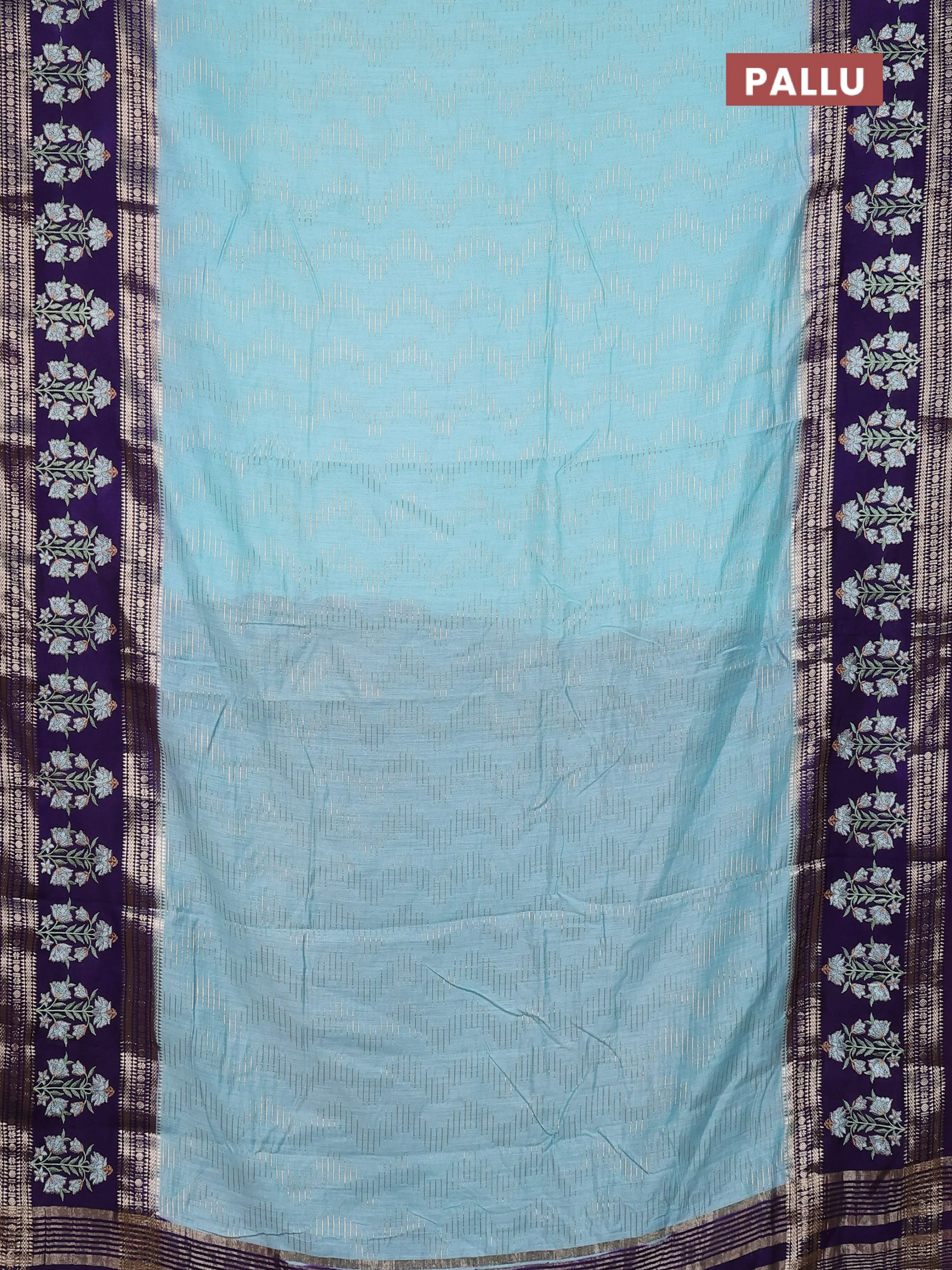 Semi chanderi saree light blue and violet with allover zari weaves and embroidery zari border - Image 3