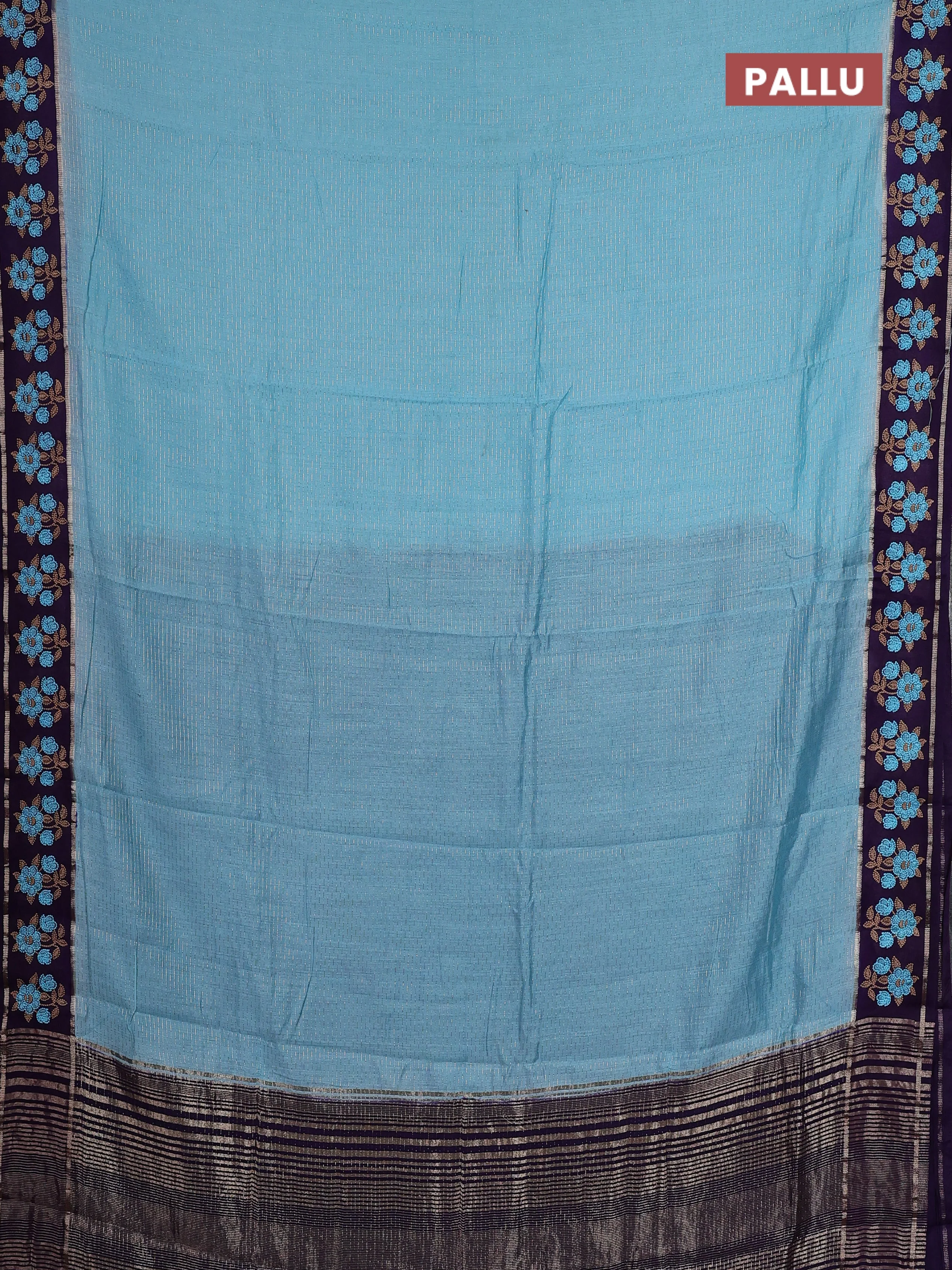 Semi chanderi saree light blue and violet with allover zari weaves and embroidery zari border - Image 3