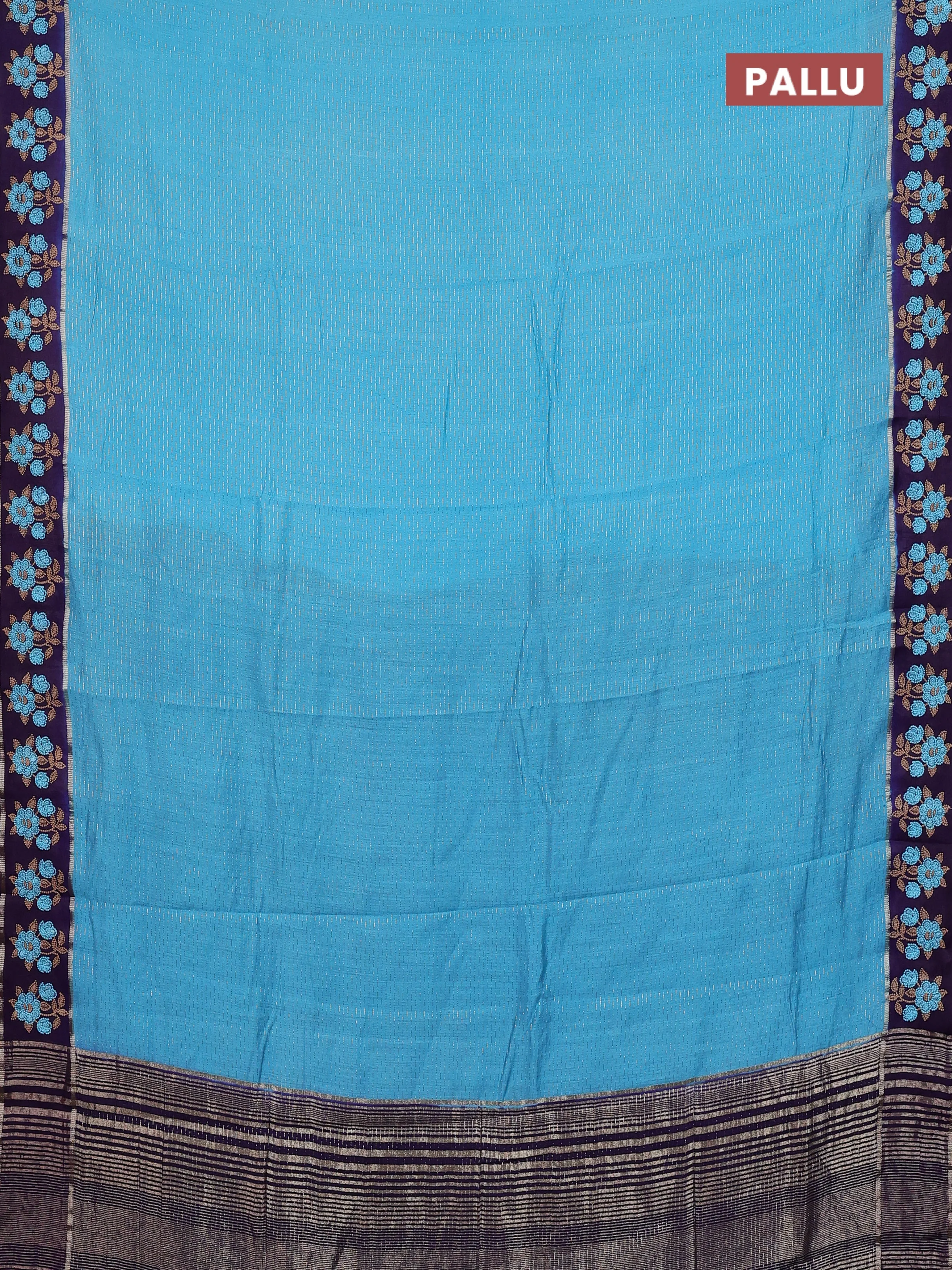 Semi chanderi saree light blue and violet with allover zari weaves and embroidery zari border - Image 3